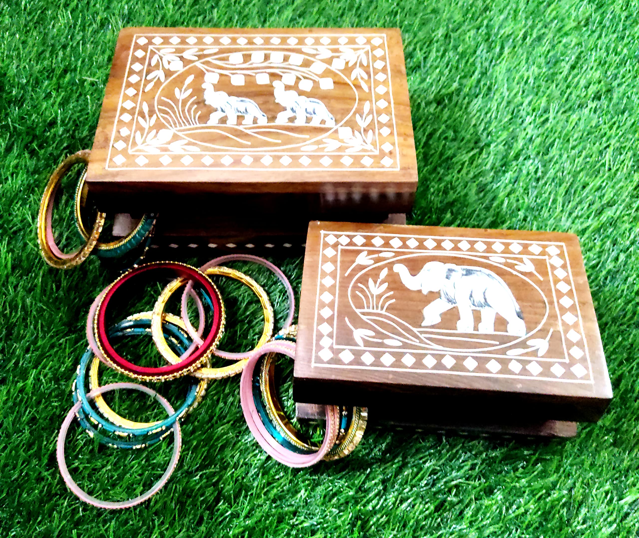 Handmade Wooden Jewelry Box Set of 2 - Elegant Jewelry Organizer for Women & Girls, Hand Carved Wooden Gift Box - Perfect for Anniversary Gifts, Birthday Presents & Jewelry Storage (Home Decor, Dresser Display)