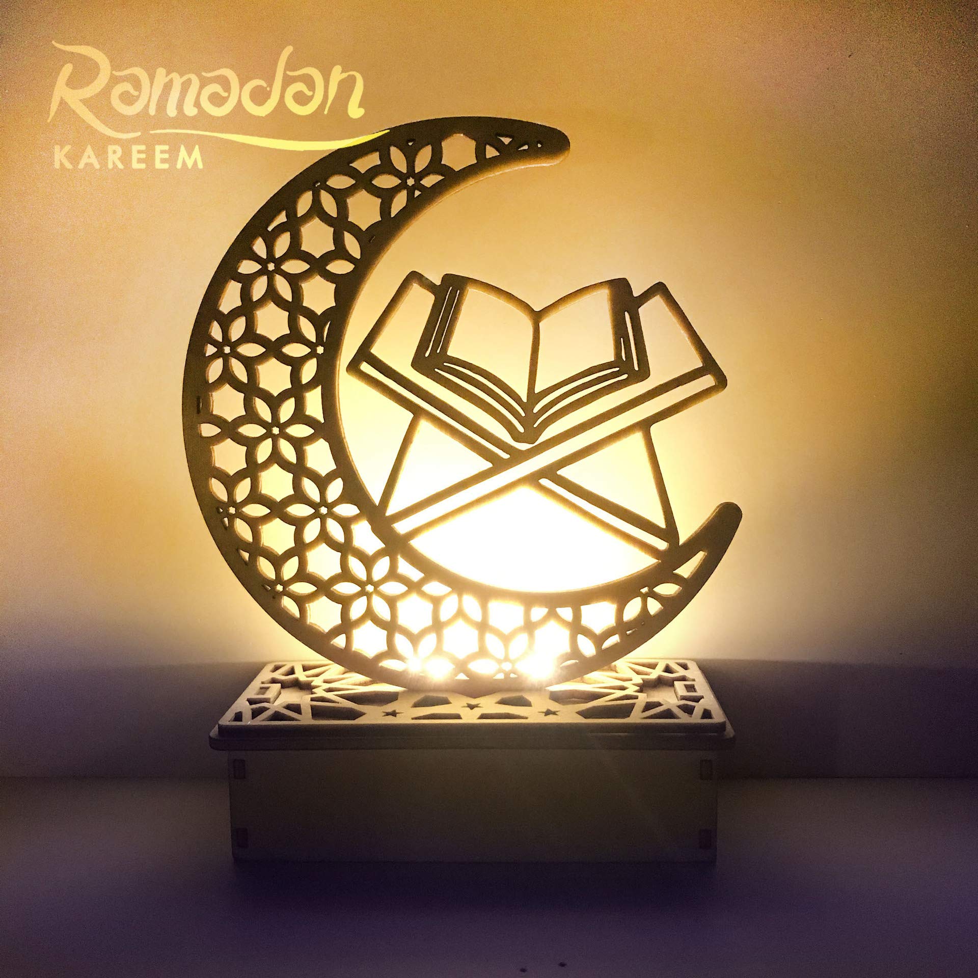 3D Wooden Ramadan Lamp with Moon & Star Design - Handmade LED Night Light for Muslim Home Decor, Ramadan Gift, Islamic Wall or Table Decoration (Pattern B) - Perfect for Ramadan Nights, Eid Celebrations & Islamic Festivals