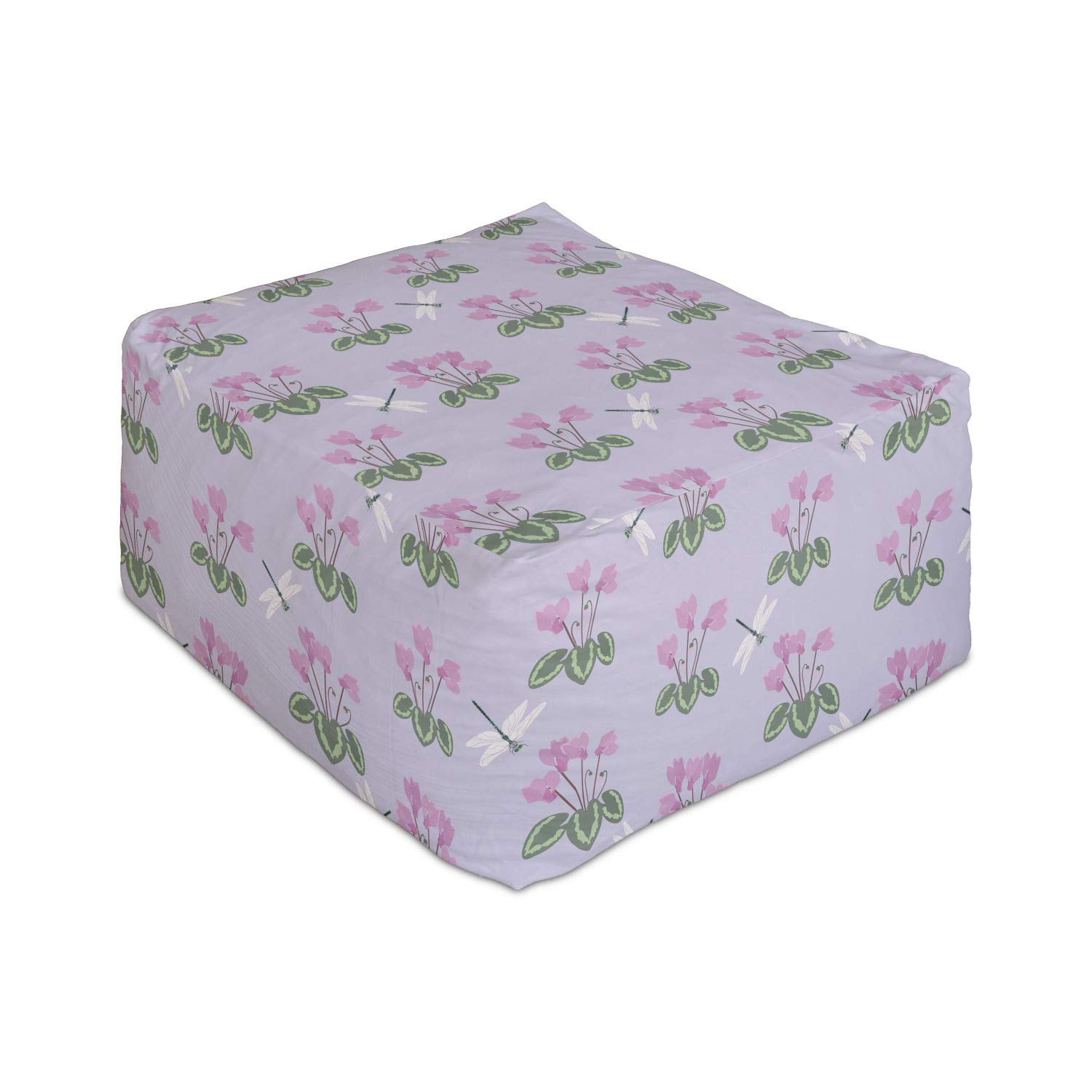 Ambesonne Floral Rectangle Pouf Ottoman - Cyclamen Flowers with Green Leaves & Dragonflies Design, 25