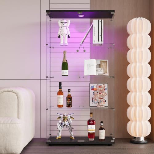 KEIKI 4-Tier Glass Display Cabinet with LED Lights - Lockable Curio Cabinet for Trophy Collections, Home Decor & Retail Displays - Black Standing Glass Shelf with Doors & Handle