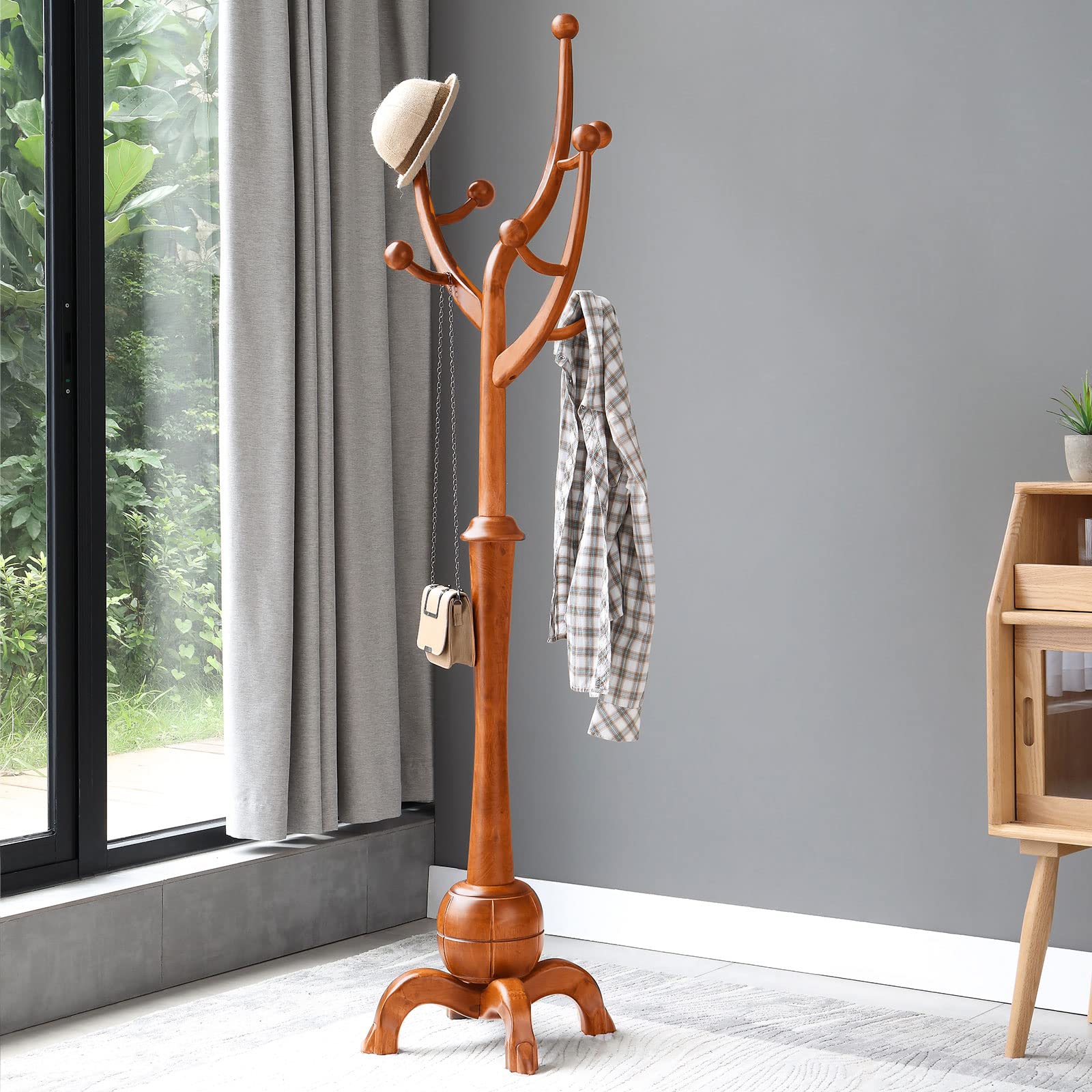 Freestanding Wood Coat Rack with 8 Hooks - Creative Tree Branch Design - Heavy Duty Clothes Hanger Stand with Stable Sphere Base (160lbs Capacity, Light Brown) - Perfect for Entryway, Hallway, Bedroom & Living Room Organization