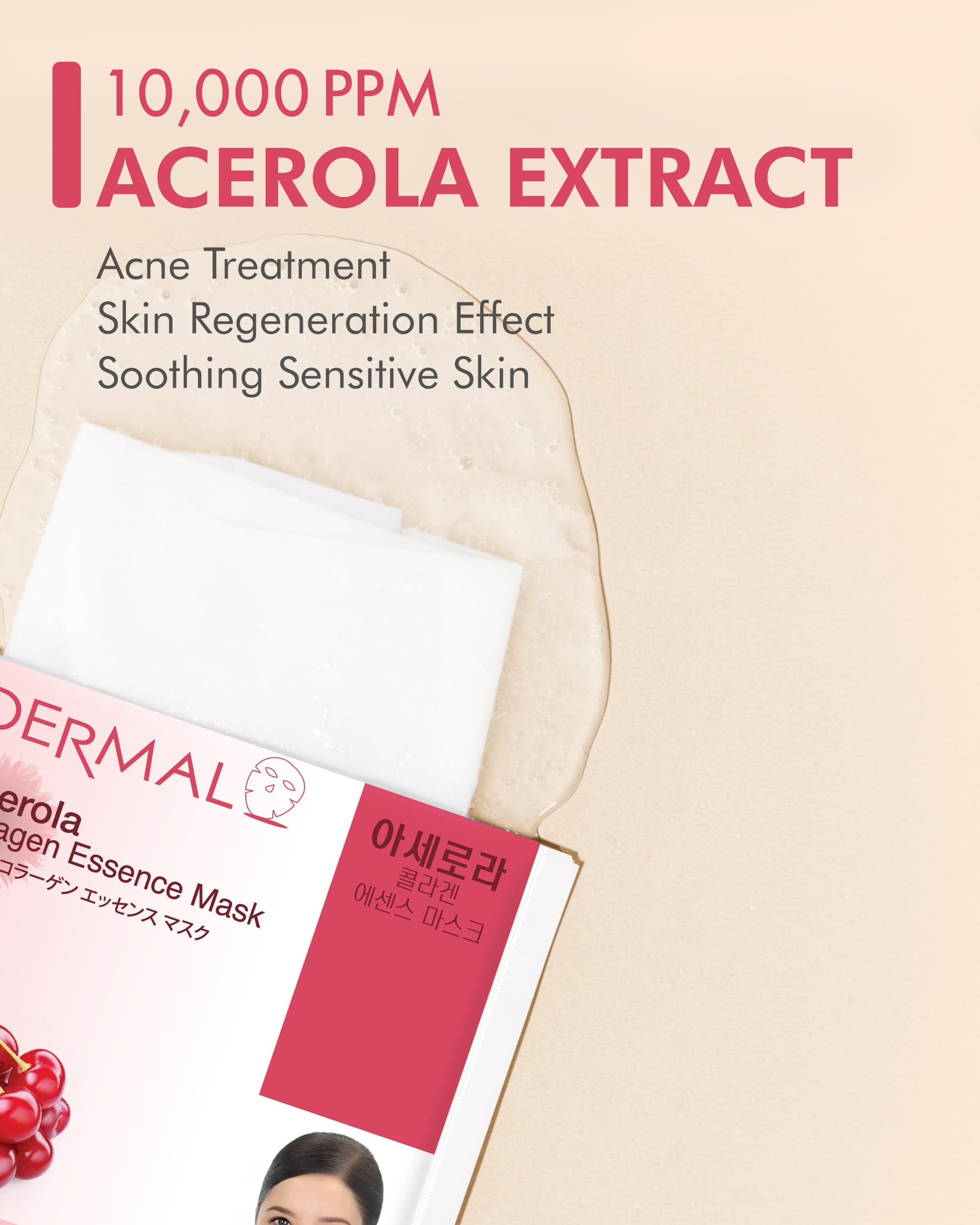 Dermal Acerola Collagen Face Mask 10 Pack - Brightening Sheet Mask with Vitamin C for Acne, Dark Spots & Wrinkles | Hydrating & Firming Skincare Treatment for Daily Use at Home or Spa