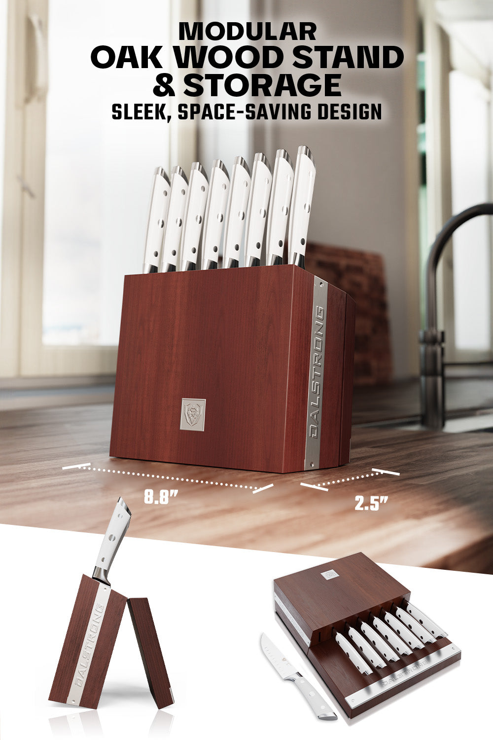 Premium 8-Piece Steak Knife Set with Wooden Storage Block - White ABS Ergonomic Handles - Dalstrong Gladiator Series - Perfect for Steakhouse Dining, BBQ Parties & Home Kitchen Use