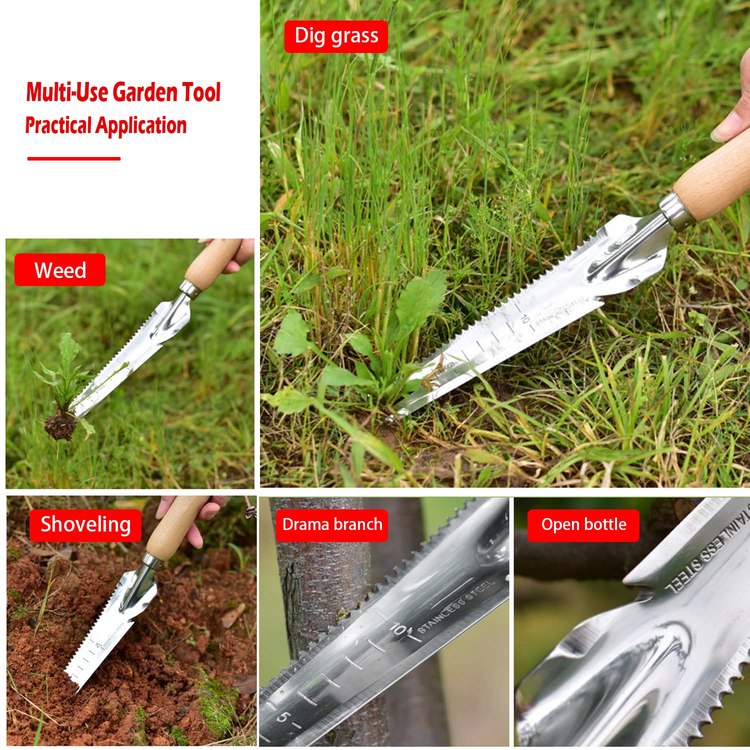 SOMOLUX Stainless Steel Garden Tool Set - Multi-Function Shovel, Hand Weeder, Soil Knife with Wood Handle for Planting, Weeding, Digging, Transplanting & Cutting | Perfect for Home Gardening, Landscaping & Outdoor Activities