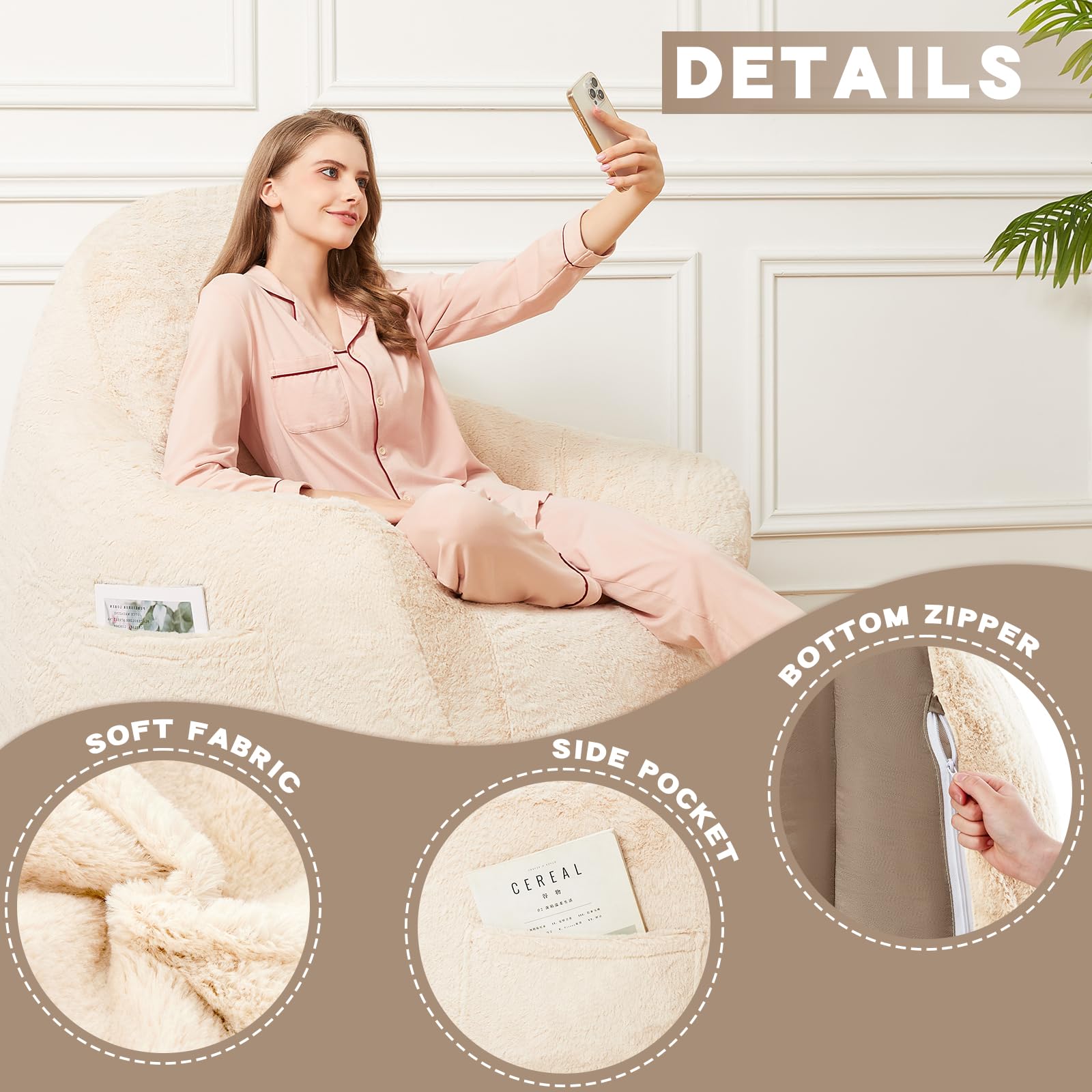 Giant Bean Bag Chair with Armrests - Non-Slip Oversized Bean Bag Sofa for Adults, Removable Washable Cover, Comfy Lounge Chair for Living Room, Bedroom, Dorm (Beige) - Perfect for Relaxing, Gaming & Movie Nights