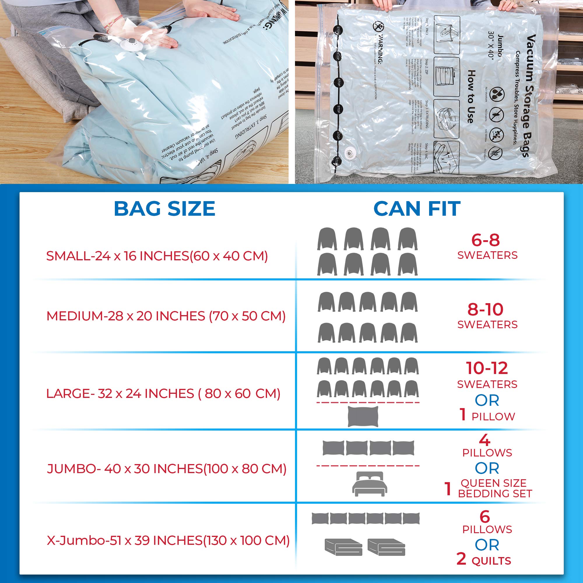 Vacuum Storage Bags for Clothes, Pillows, Blankets - Space Saving Compression Bags with Double-Zip Seal, No Pump Needed (White) - Perfect for Travel, Seasonal Storage & Moving