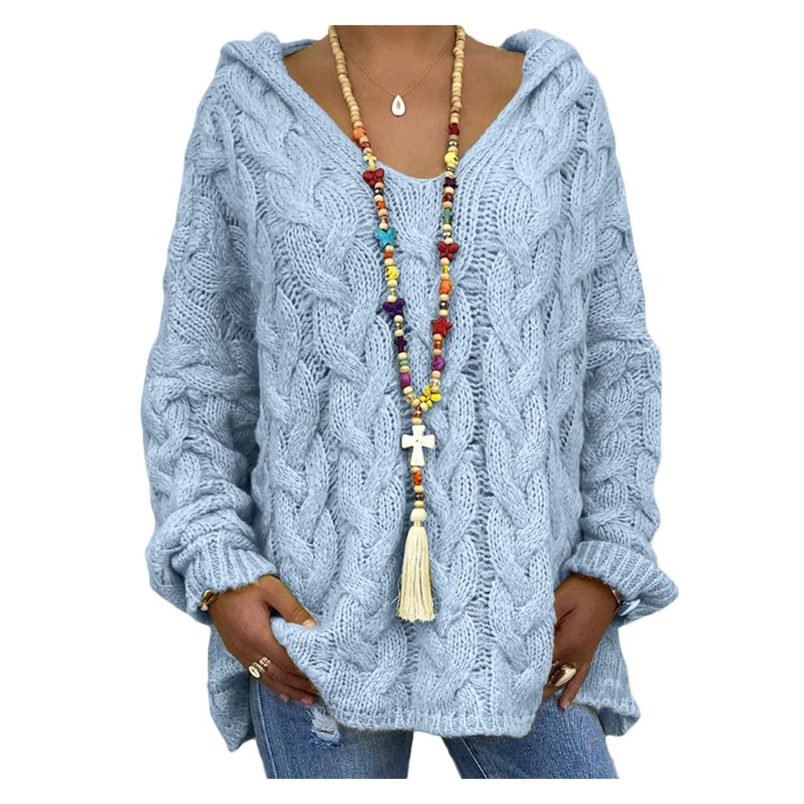 Women's Autumn Winter V-Neck Long Sleeve Loose Patchwork Sweater - Thick Casual Pullover Plus Size Tops (Blue, Small) | Cozy Fall & Winter Layering, Office Wear, Weekend Outfits