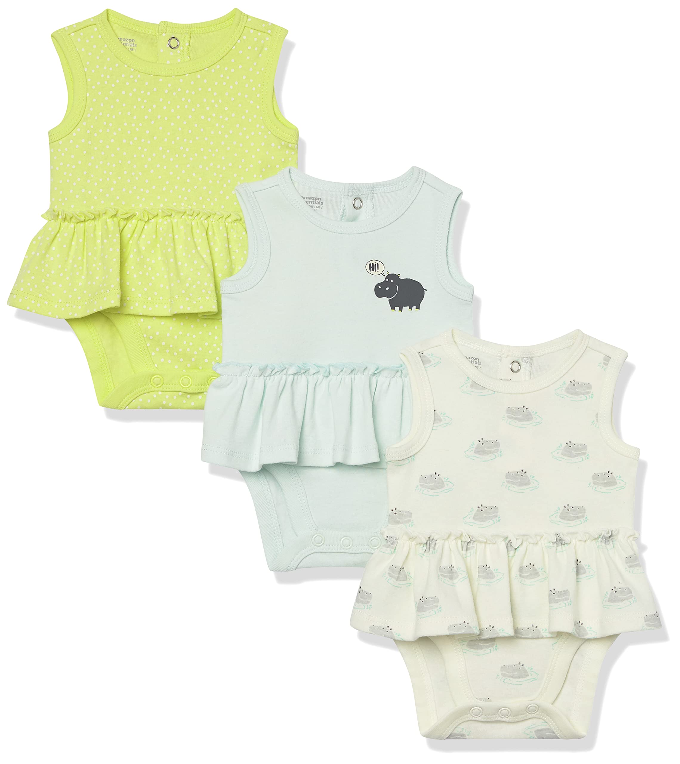 Amazon Essentials Baby Girls' Sleeveless Bodysuit Dress 3-Pack - Soft Cotton Romper Outfits for Infants & Toddlers - Perfect for Playtime, Daycare & Family Photos