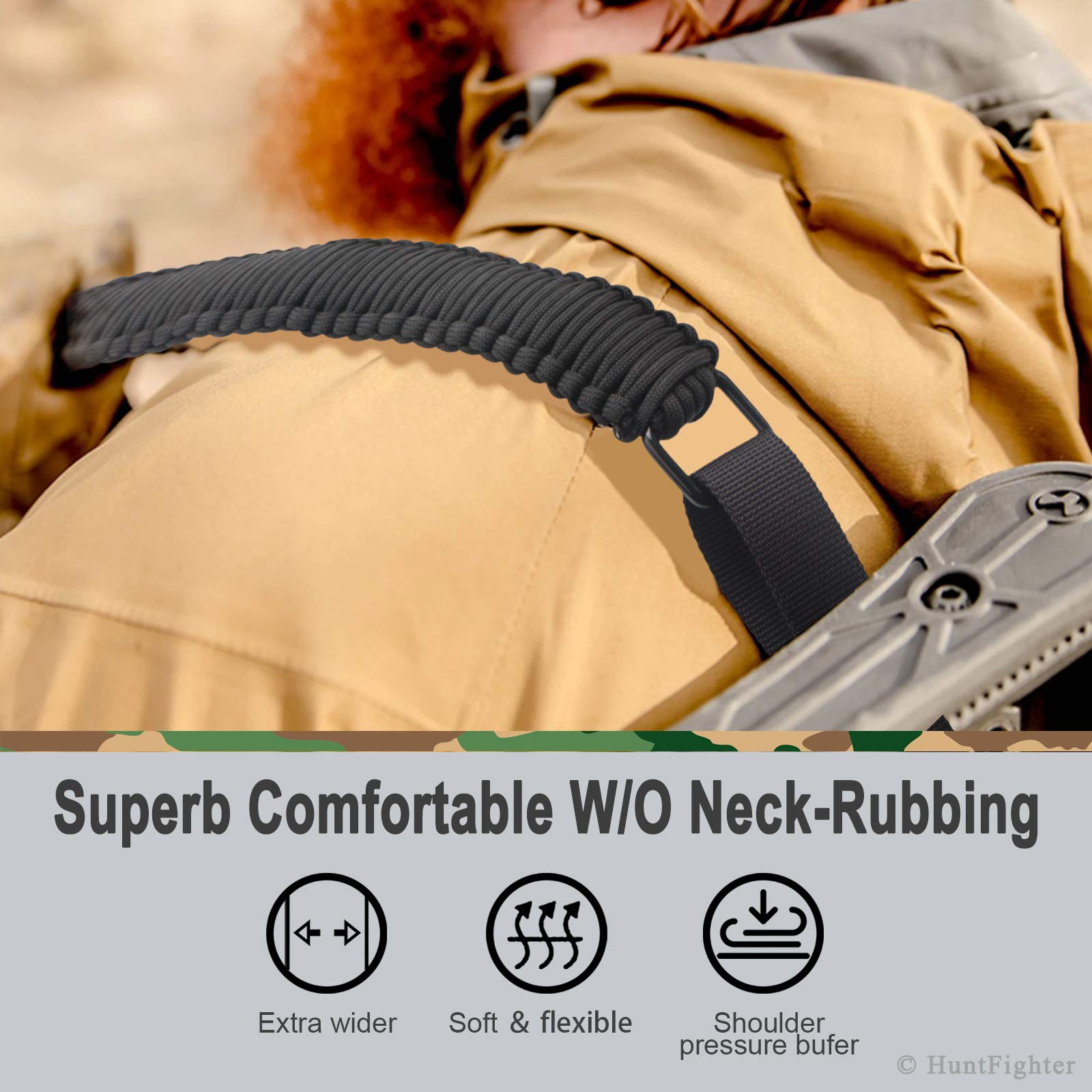 HuntFighter Adjustable 2-Point Rifle Sling with Swivels - 550 Paracord Gun Sling for Hunting, Tactical & Outdoor Use - Quick Length Adjustment - Durable Black Shooting Accessory - Perfect for Hunting, Range Training & Field Operations