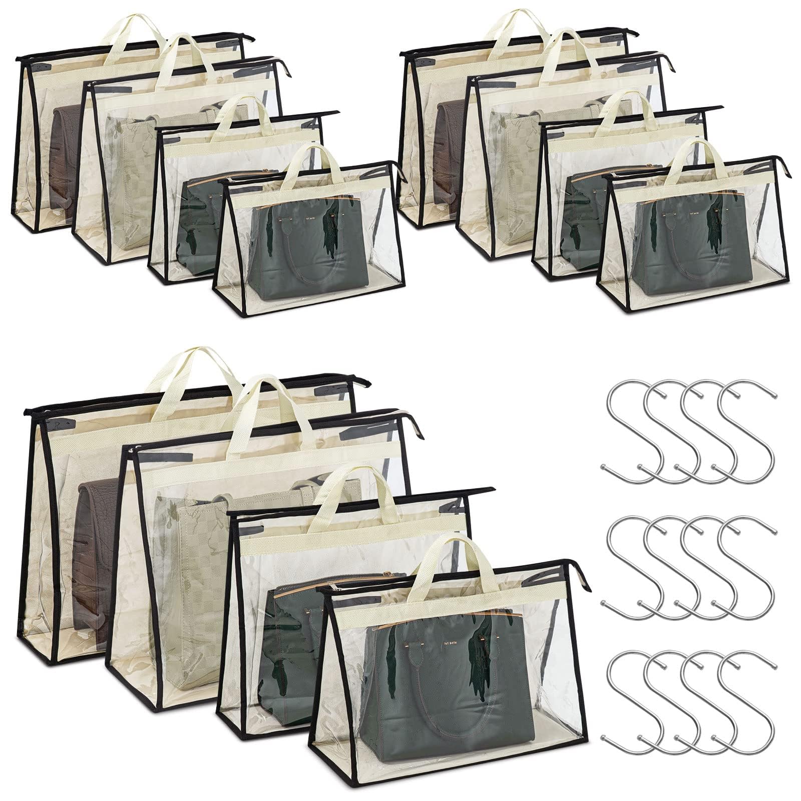 12 Pack Clear Dust Bags for Handbags & Purses - Zippered Storage Organizer with Handles for Closet, Travel & Display Protection | Keep Your Luxury Bags Dust-Free & Organized