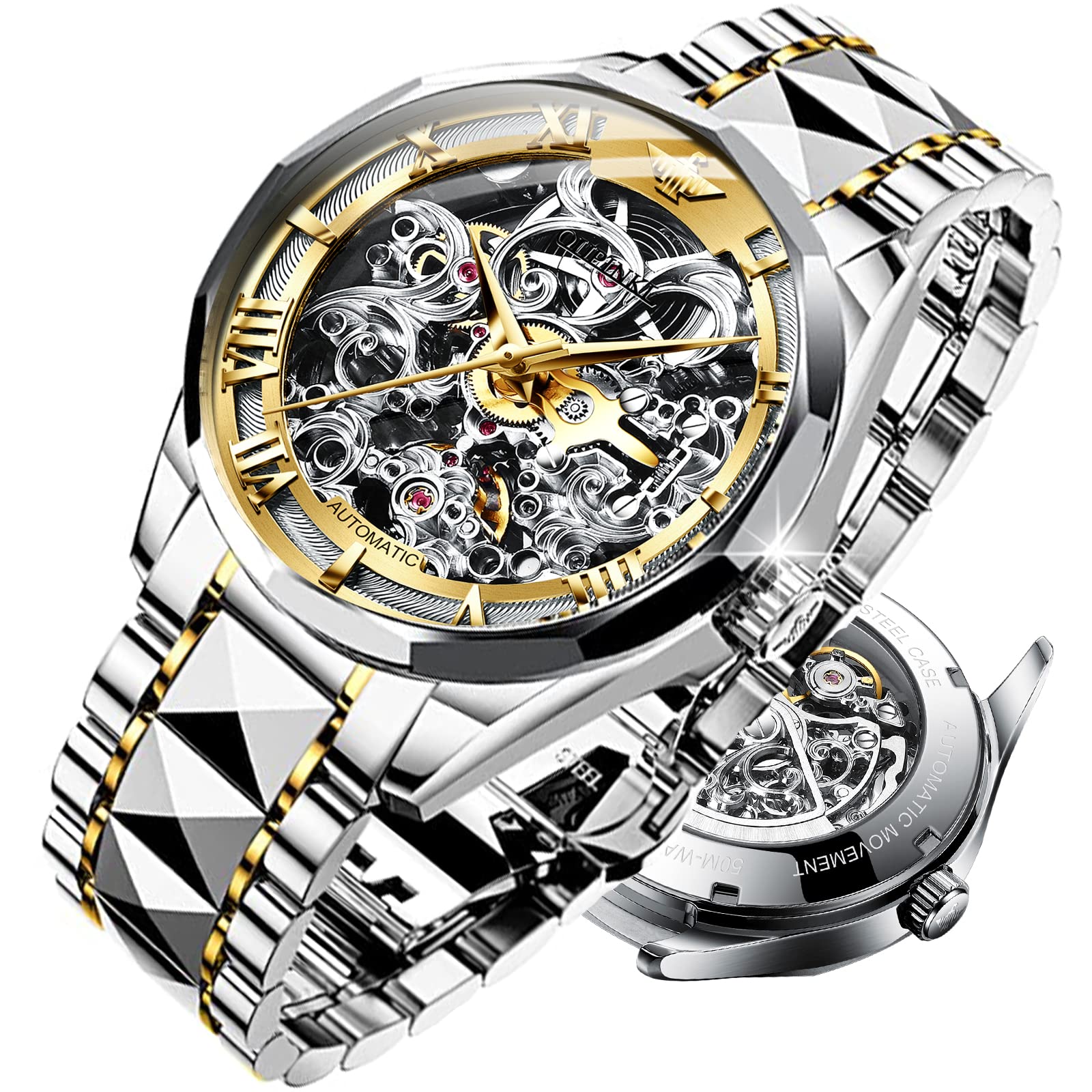 OUPINKE Men's Automatic Skeleton Watch - Self Winding Mechanical Watch with Sapphire Crystal, 50M Waterproof & Tungsten Steel Case - Perfect for Business, Formal Events & Everyday Wear
