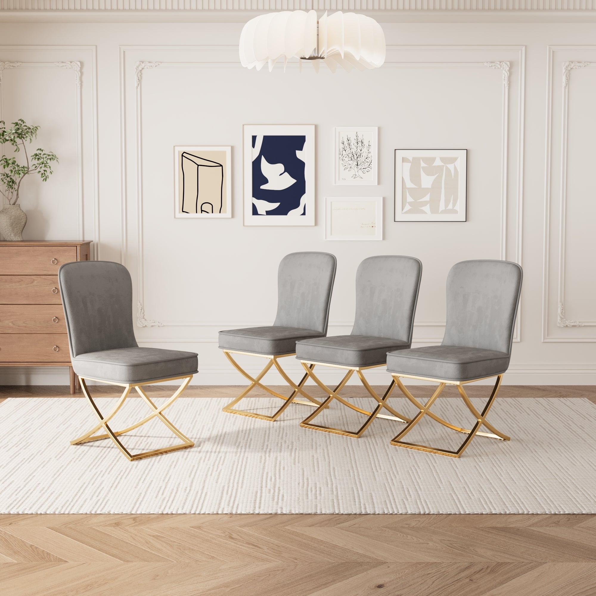 4-Piece Grey Velvet Dining Chair Set with Golden Metal Legs - Modern Kitchen, Living Room, Office & Leisure Chairs for Home Decor