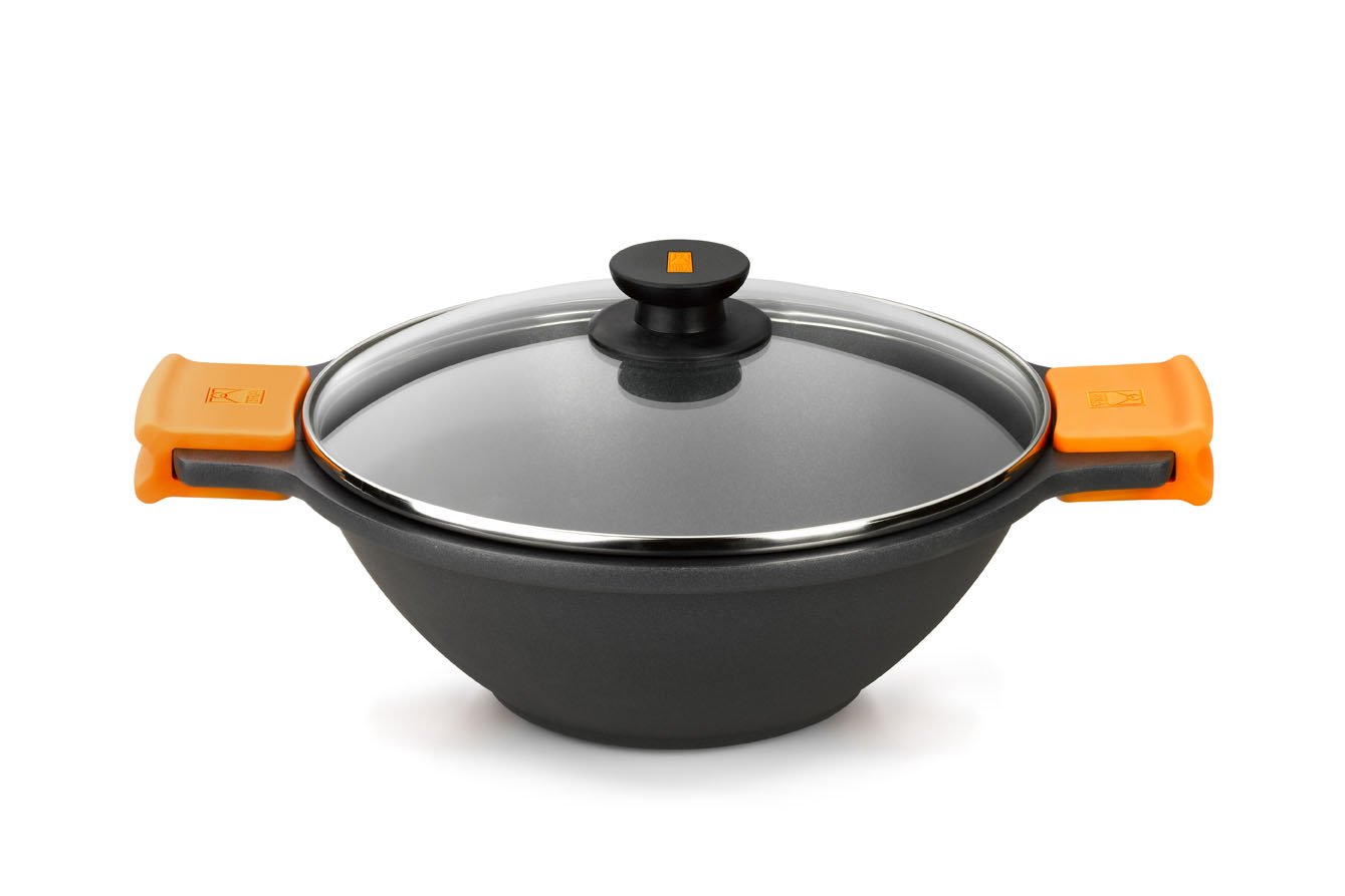 24cm Concave Wok with Glass Lid & Silicone Handles - Non-Stick Stir Fry Pan for Asian Cooking, Perfect for Sautéing, Stir-Frying & Deep Frying in Home Kitchen