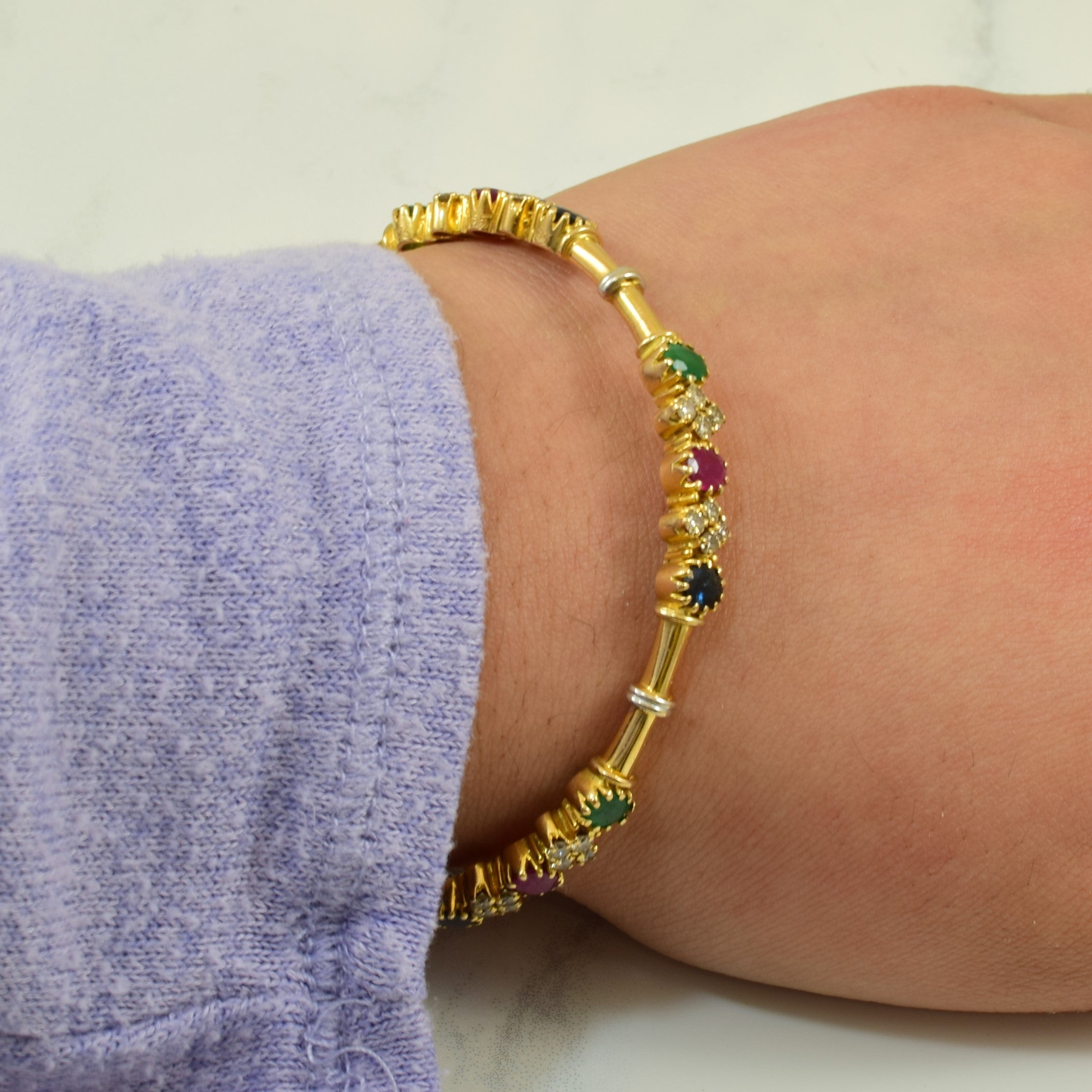 14K Yellow Gold Mixed Gemstone Bangle Bracelet - 3.34ctw Diamonds & 1.80ctw Gemstones - Size 7.5 - Perfect for Weddings, Anniversaries & Special Occasions