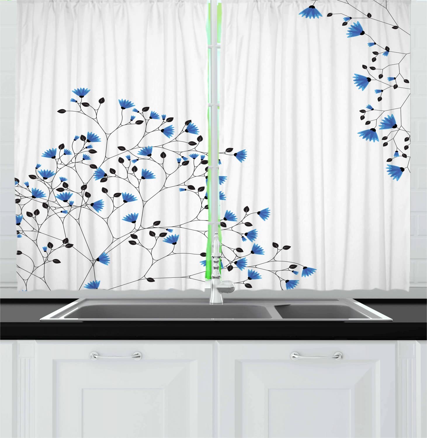 Ambesonne Vintage Blue Long Kitchen Curtains - Branched Blue Anemone Blanda Flowers & Tiny Leaves Design, 2 Panel Rod Pocket Drapes, 55x45 Inches, Blue Black White - Perfect for Farmhouse, Cottage & Coastal Style Kitchens
