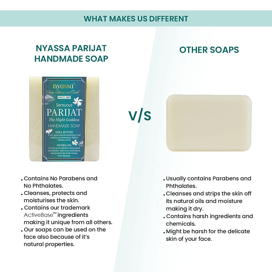 Nyassa Luxurious Parijat Handmade Natural Bathing Soap with Shea Butter & Jojoba Oil | Jasmine & Parijat Fragrance for All Skin Types | 150g | Perfect for Spa Day, Gift Sets & Relaxing Bath Time