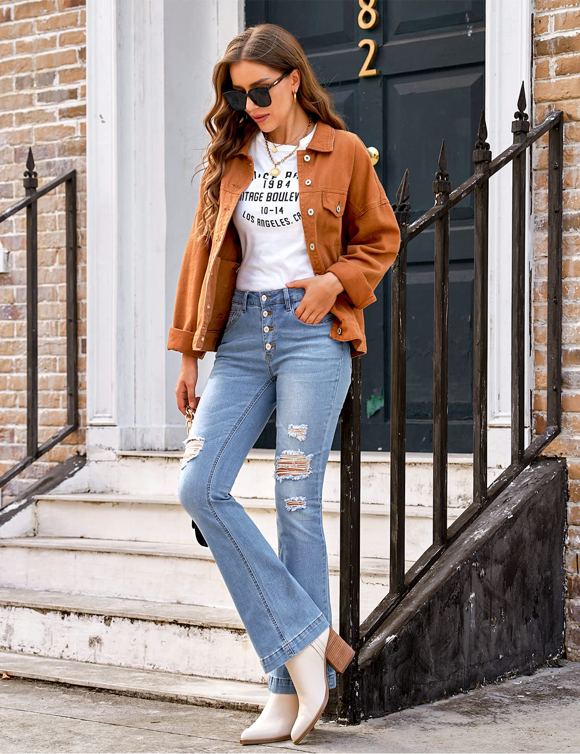 Luvamia Women's High Waisted Ripped Flare Bell Bottom Jeans - Retro 70s Wide Leg Denim Pants for Casual Outfits & Vintage Style Fashion