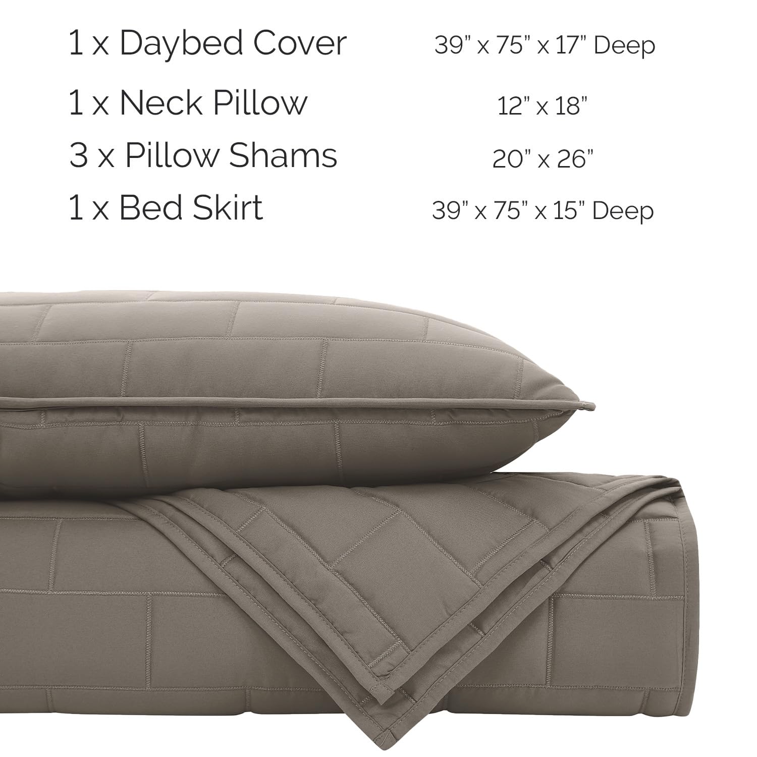 Southshore Fine Living 6-Piece Twin Daybed Comforter Set with Cover, 3 Pillow Shams, Bed Skirt & Throw Pillow - Brickyard Dark Taupe Quilt Set for Guest Room, Dorm or Small Space Bedding