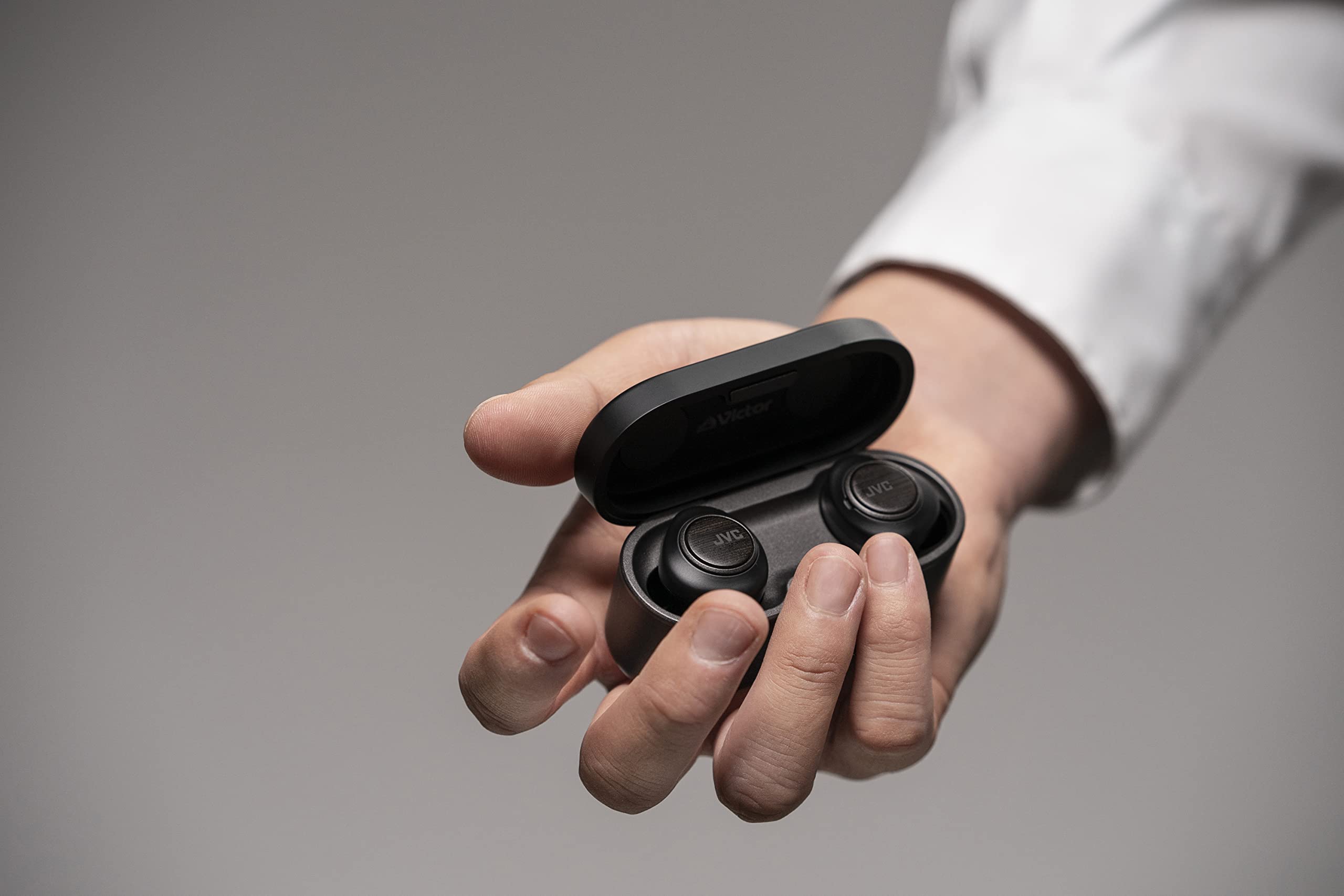 JVC HAFW1000T True Wireless Earbuds with 11mm Wood Carbon Driver, Bluetooth 5.2, Qualcomm Adaptive ANC & K2 Technology, 28H Battery Life, Spiral Dot Pro Earpieces - Perfect for Gym, Commuting & Travel (Black)