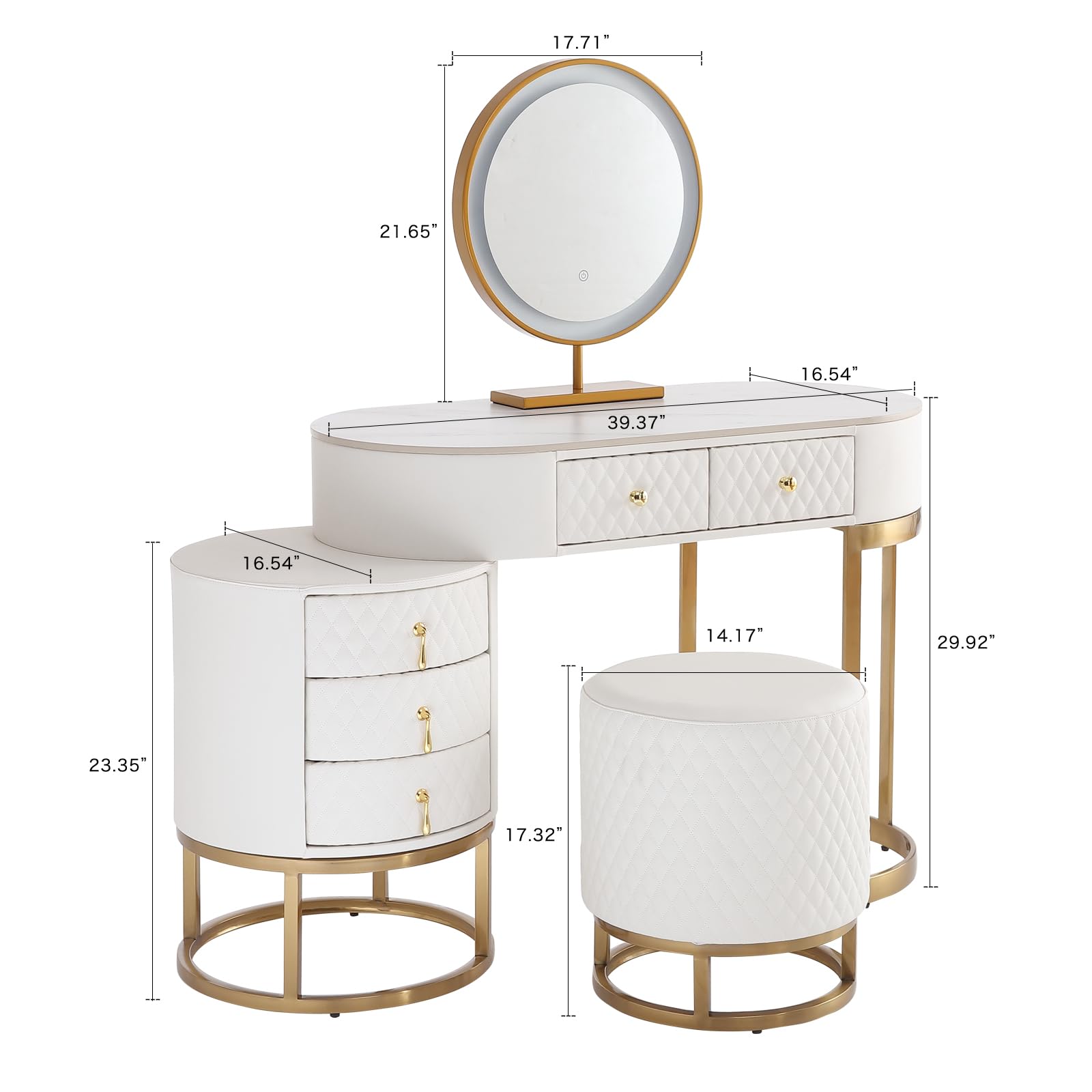 Luxury White Faux Leather Vanity Desk Set with LED Mirror & Stool - Perfect for Dressing & Makeup