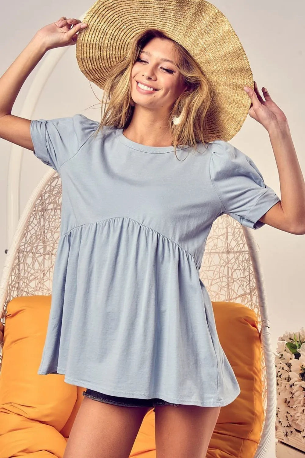 BiBi Cotton Spandex Knit Puff Sleeve Baby Doll Top for Women - Casual & Party Wear, Perfect for Date Nights and Summer Outfits
