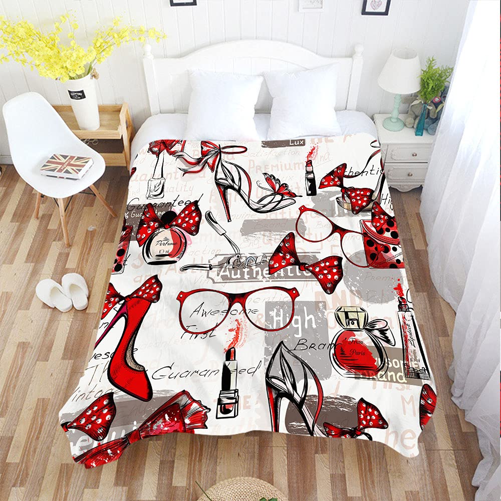 Premium Women's Cosmetic Set with Cozy Throw Blanket - Includes High Heels, Glasses, Bags, Red Lipstick & Perfume Design - Ultra Soft 60