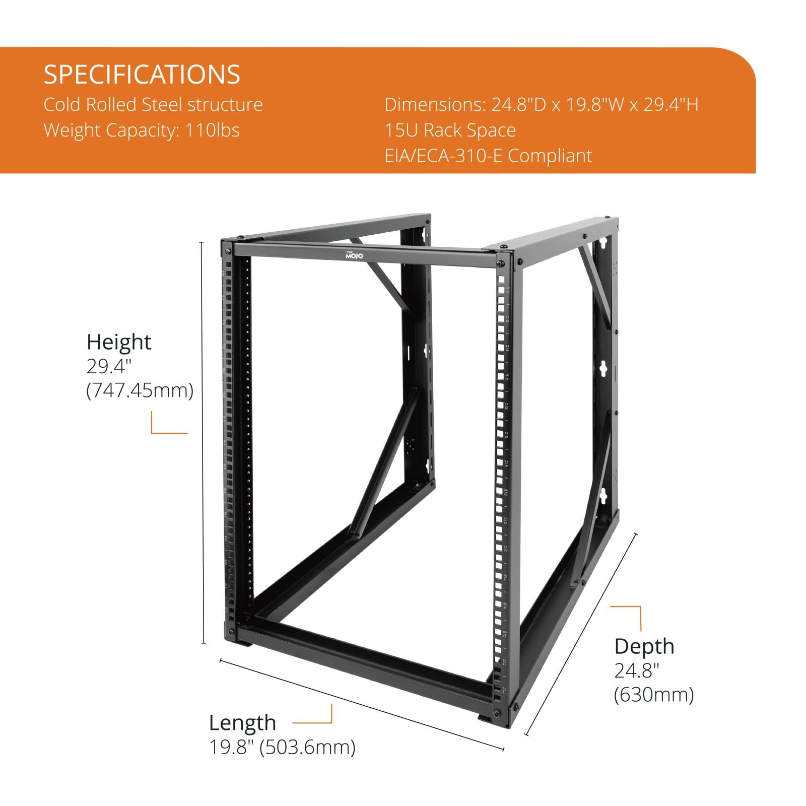Tecmojo 15U Wall Mount Server Rack - 24.8 Inch Depth Open Frame Network Rack for 19 Inch IT, AV, Data & Home Equipment - Black - Perfect for Home Office, Data Centers & Network Closet Organization