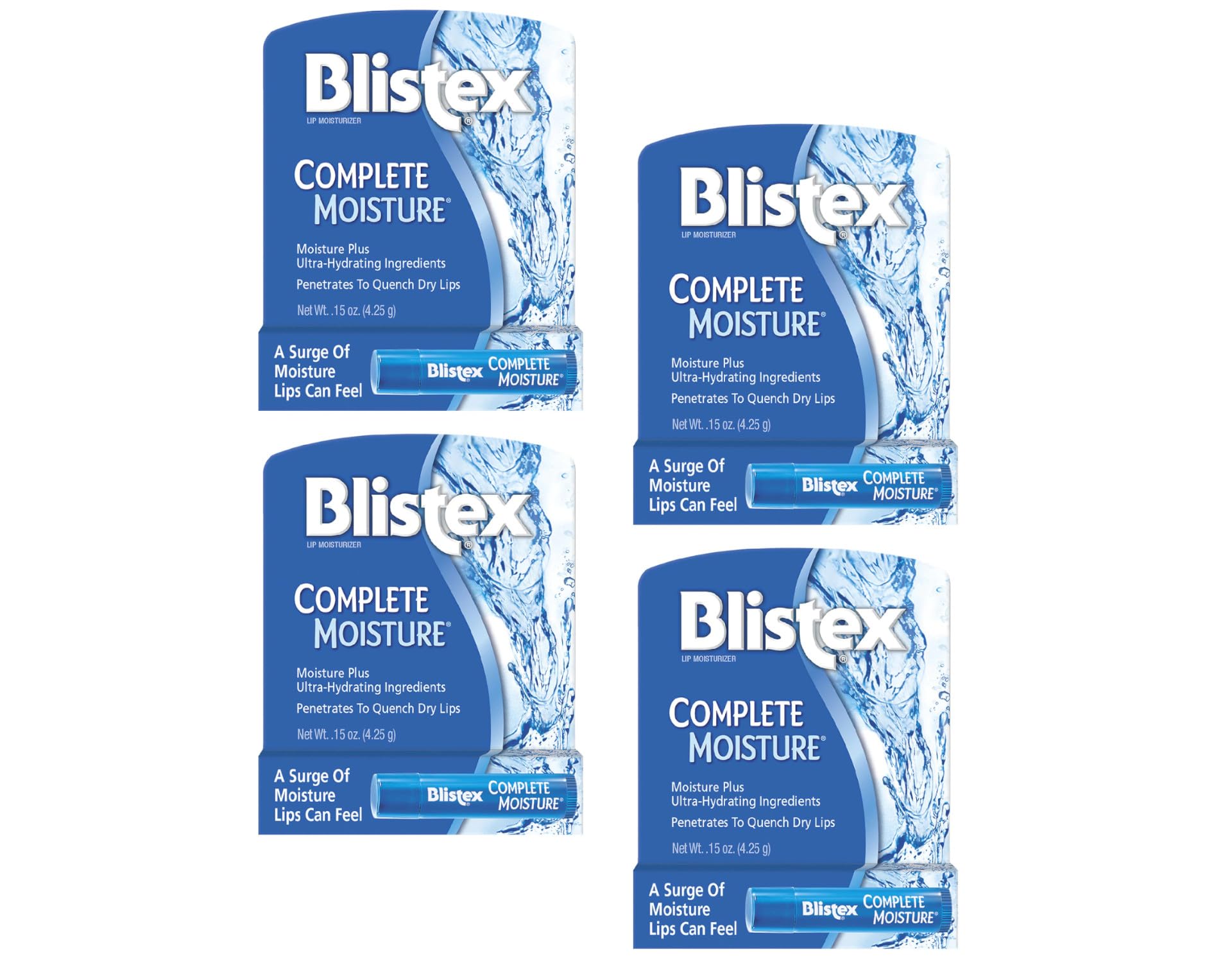 Blistex Complete Moisture Lip Balm 4 Pack - SPF 15 Hydrating Lip Care for Dry, Chapped Lips - Perfect for Winter, Outdoor Activities & Daily Use