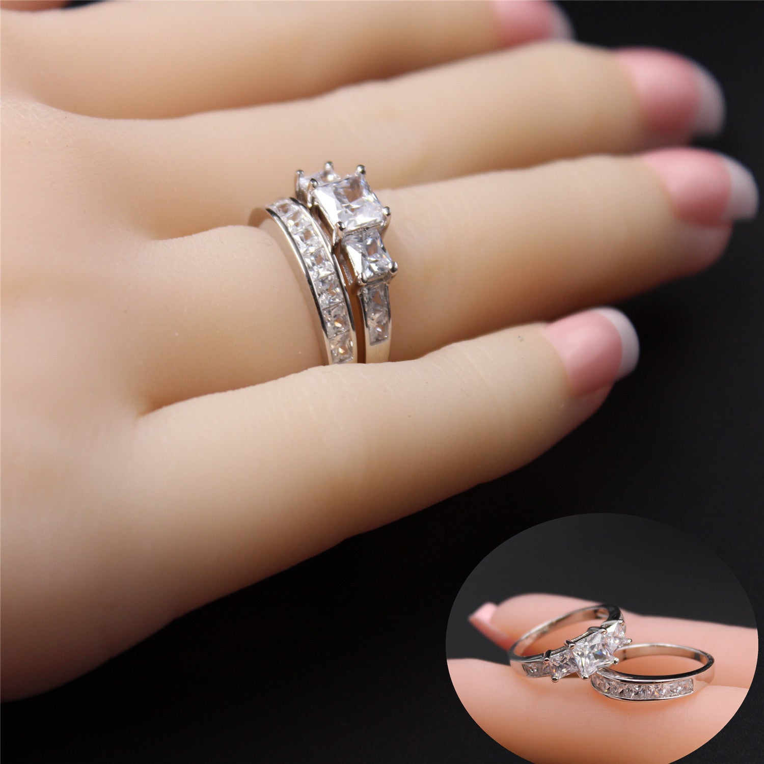 Princess Cut CZ Sterling Silver Three Stone Wedding Engagement Ring Set for Women - Elegant Bridal Jewelry Gift for Anniversary, Proposal & Special Occasions