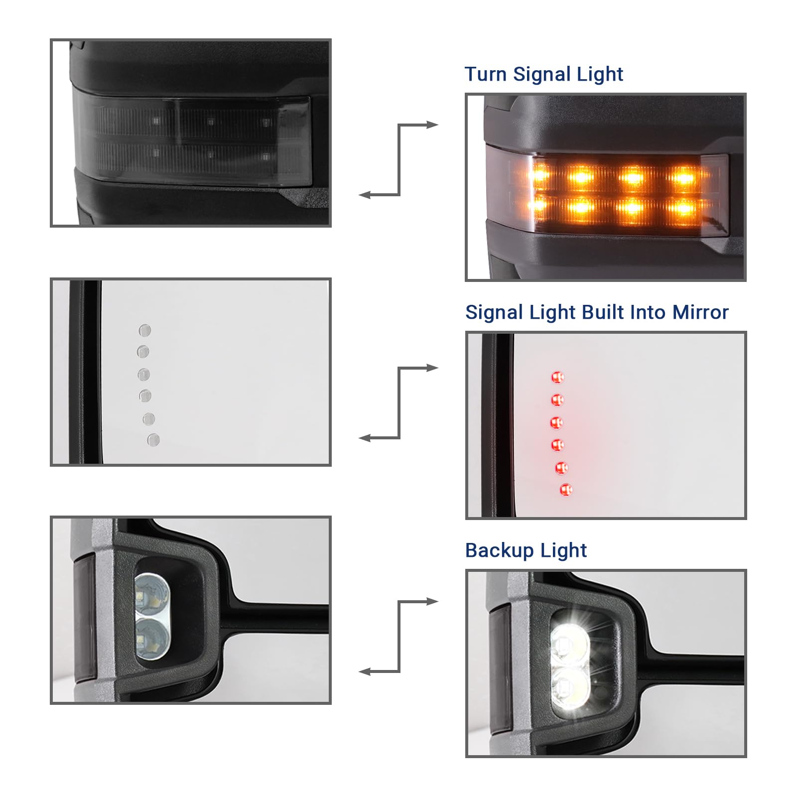 2003-2007 Chevy Silverado & GMC Sierra Power Heated Towing Mirrors with Turn Signal & Backup Lamp - Black Painted (8555) - Perfect for Towing, Highway Driving & Night Visibility