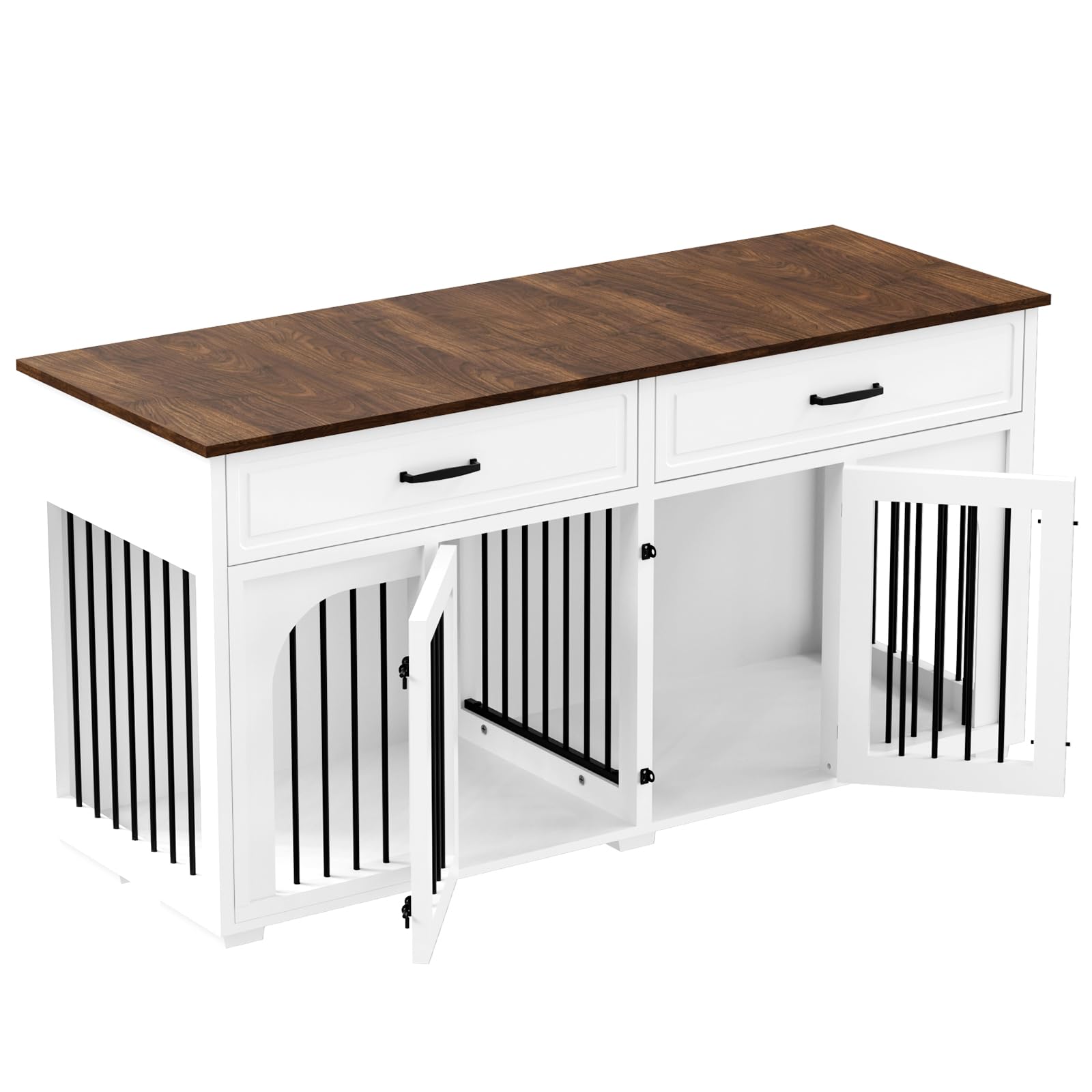 **EBE 63'' Wooden Dog Crate Furniture with 2 Drawers & Removable Divider - Heavy Duty Indoor Dog Kennel, Double Room Pet Crate Table for Small & Medium Dogs - Perfect for Living Room, Bedroom & Home Office**