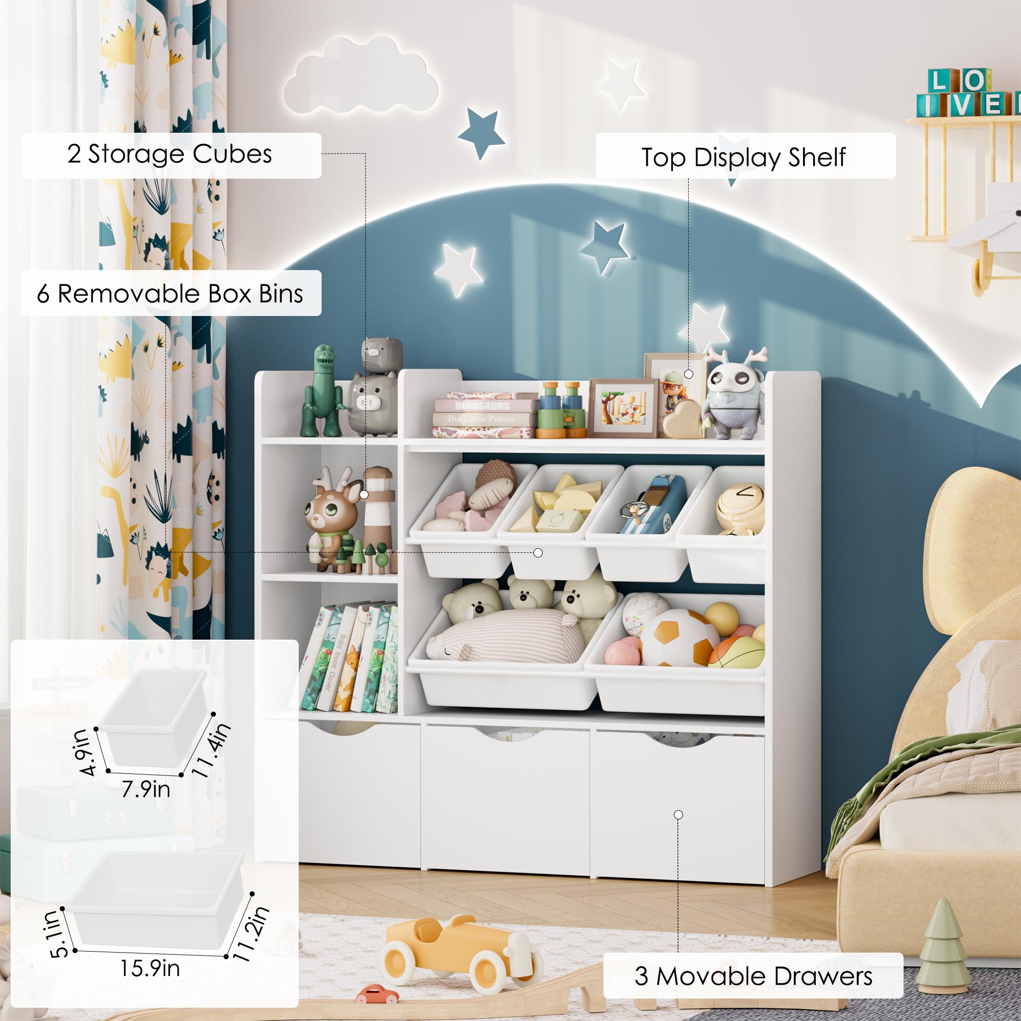 3-Tier Kids Toy Storage Organizer with 6 Plastic Bins & 2 Cubbies - Movable Drawers, Bookshelf & Hidden Wheels - White Toy Chest for Playroom, Classroom & Home Organization