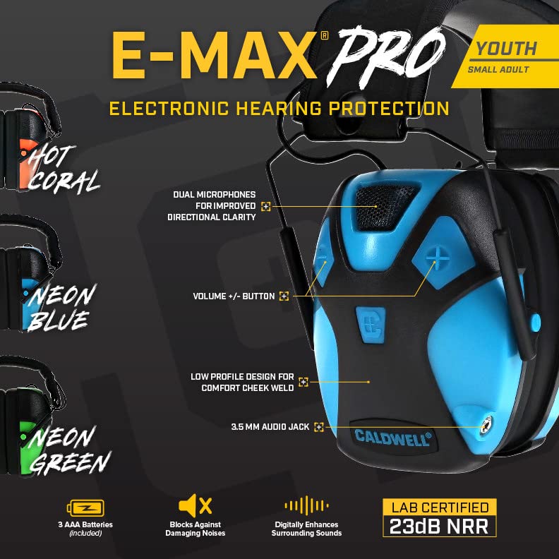 Caldwell E-MAX Pro Electronic Hearing Protection Earmuffs - 23-24 NRR Adjustable Lo Pro Design for Shooting, Hunting & Range Use | Noise Reduction for Gunfire, Outdoor Sports & Shooting Practice