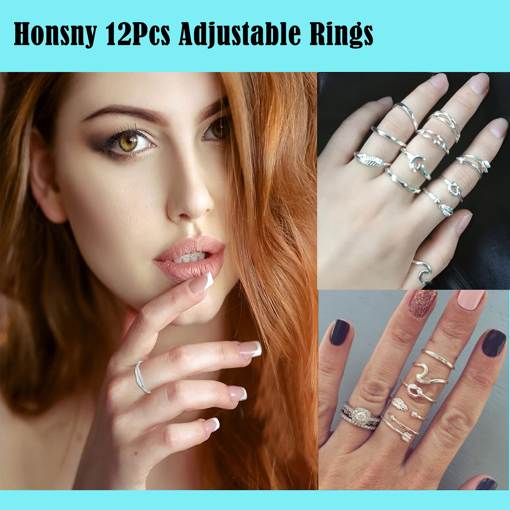 12PCS Adjustable Rings for Women - Silver Arrow Knot Wave Star Moon Open Stackable Rings Set | Trendy Thumb & Finger Rings for Teens | Perfect for Everyday Wear, Gifts & Layering