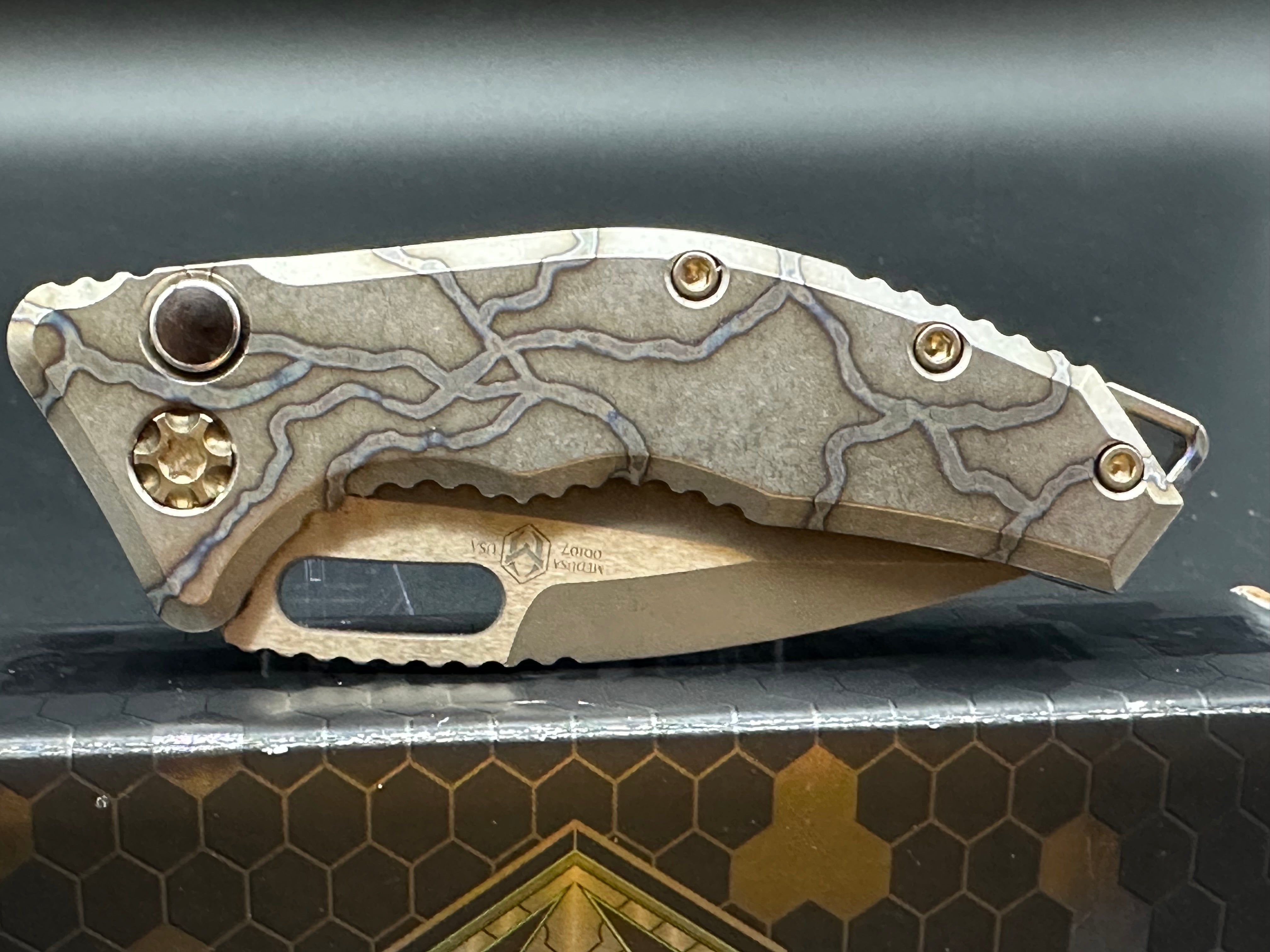 Heretic Medusa Battleworn Bronze Tanto Knife - Flamed Titanium Handle with 3 Bronze Accents | Tactical EDC, Outdoor Survival, and Collector's Item