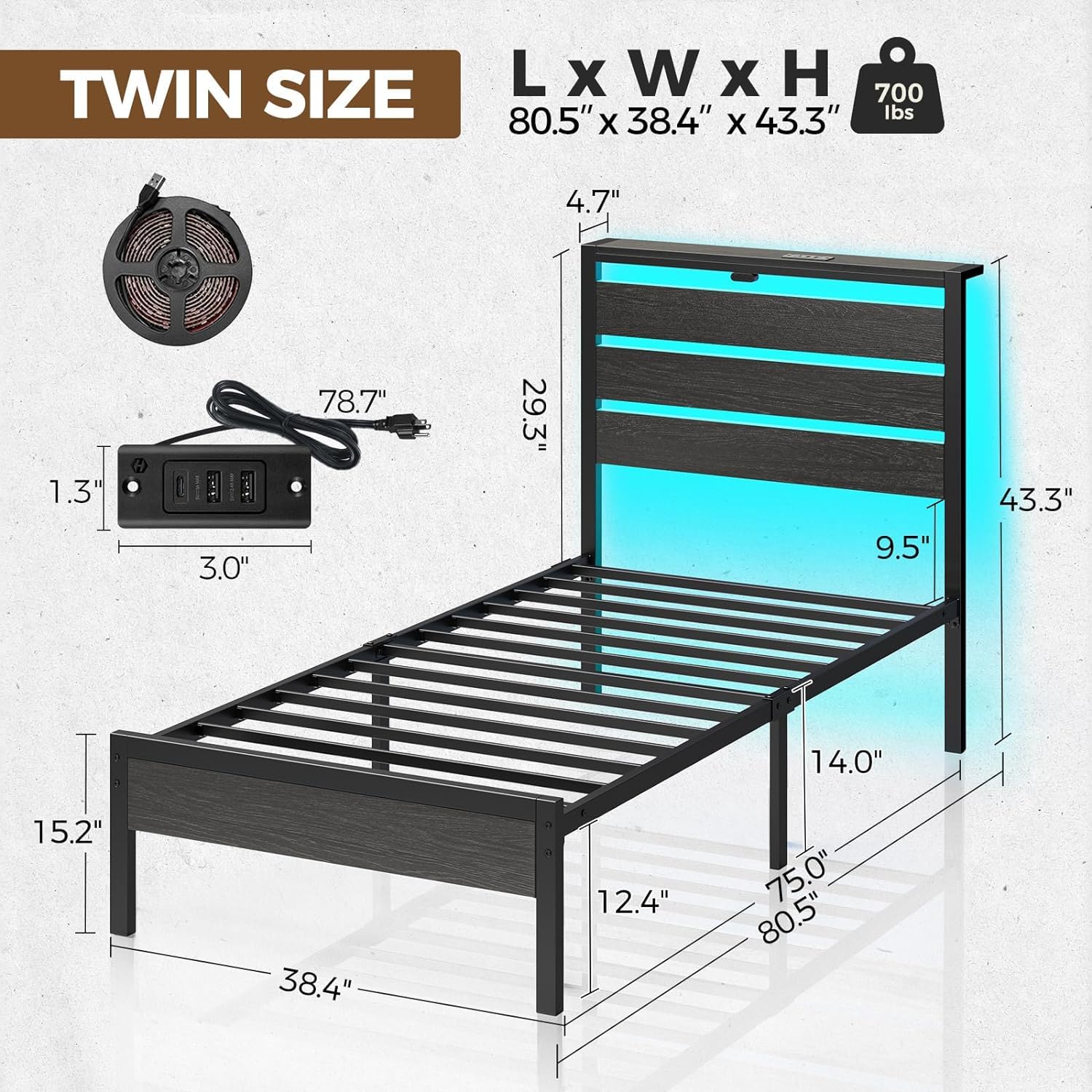**Rolanstar Twin Size Bed Frame with USB Charging & LED Lights, Wood Storage Headboard, Black Metal Platform Bed - Under Bed Storage, No Box Spring Needed, Noise-Free - Perfect for Small Bedrooms, Dorms & Guest Rooms**
