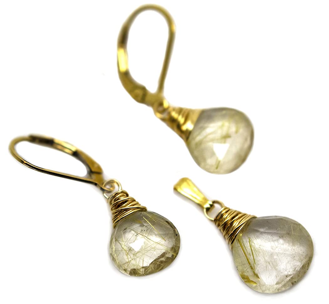 Golden Rutilated Quartz Earrings and Necklace Set - Natural Gemstone Jewelry with Gold Pendant - Elegant Rutile Quartz Gold Jewelry for Women - Perfect for Weddings, Parties & Special Occasions