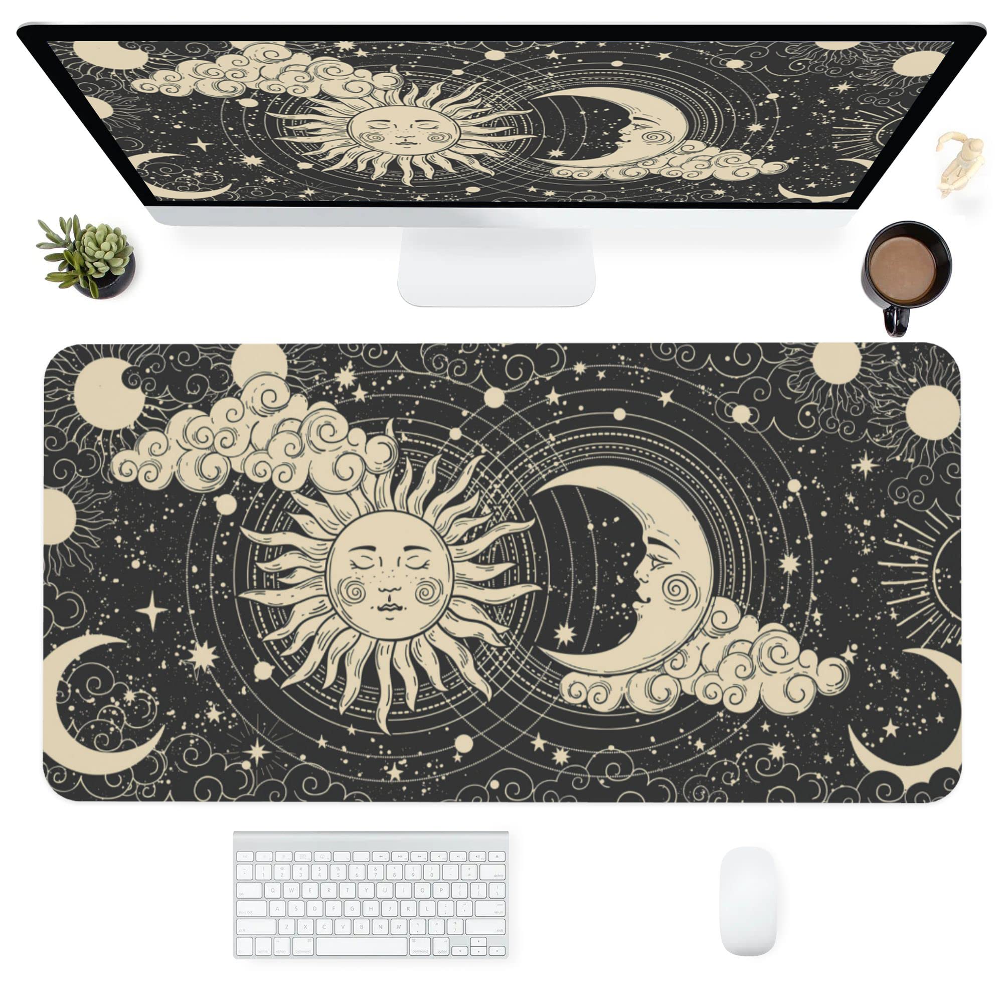 Celestial Sun and Moon Large Gaming Mouse Pad - 31.5x15.7 Inch Non-Slip Rubber Base Desk Mat with Stitched Edges for Office Work, PC Gaming & Computer Use - Perfect for Home Office, Gaming Setup and Workspace Organization