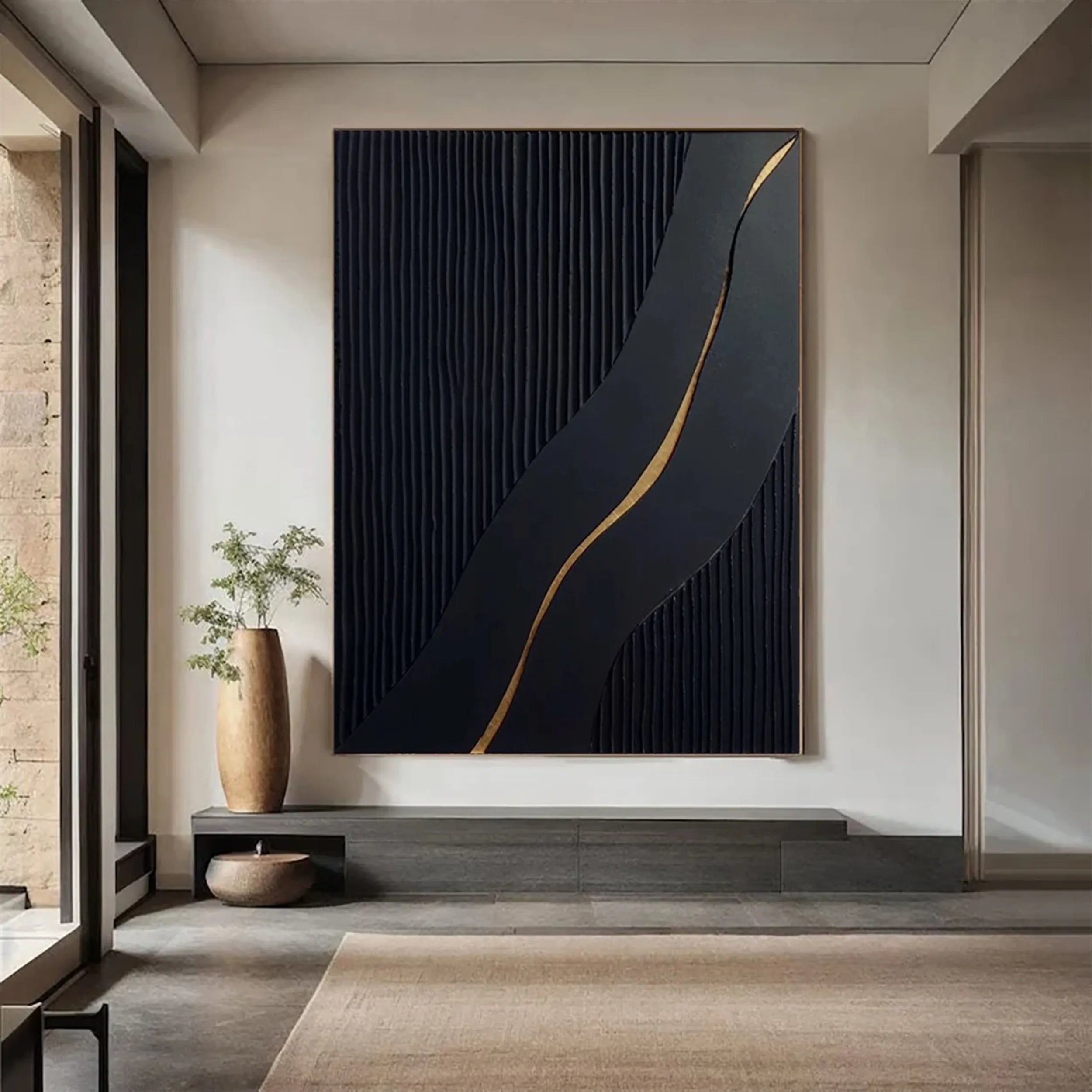 Black Gold Minimalist Textured Abstract Wall Art Painting #MZ083 - Modern Home Decor for Living Room, Bedroom & Office