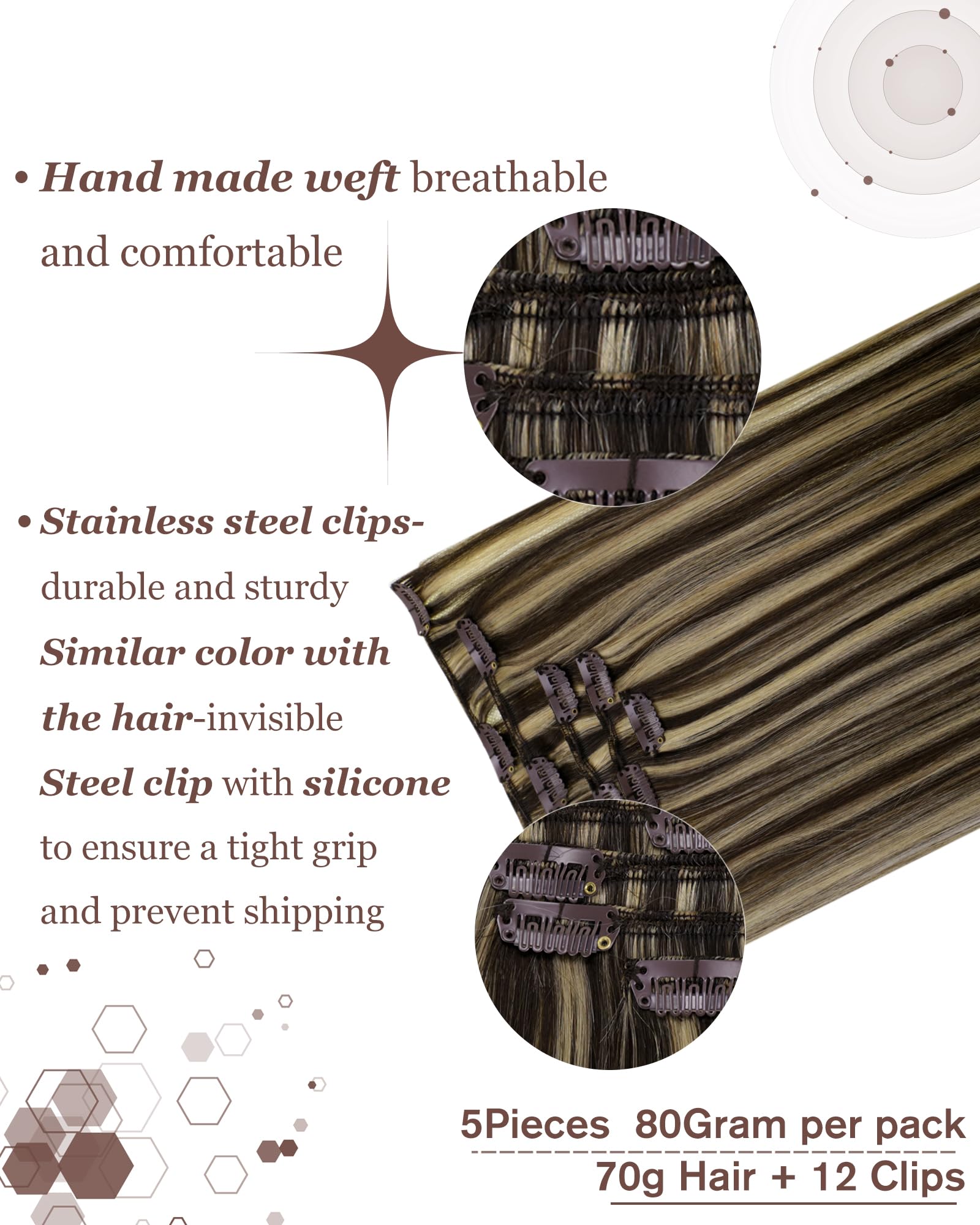 Hetto 22 Inch Clip-in Hair Extensions - 100% Real Human Hair, Long Straight, #4 Brown Highlights & #27 Honey Blonde, 5-Piece Set (80g) - Perfect for Parties, Weddings & Daily Styling