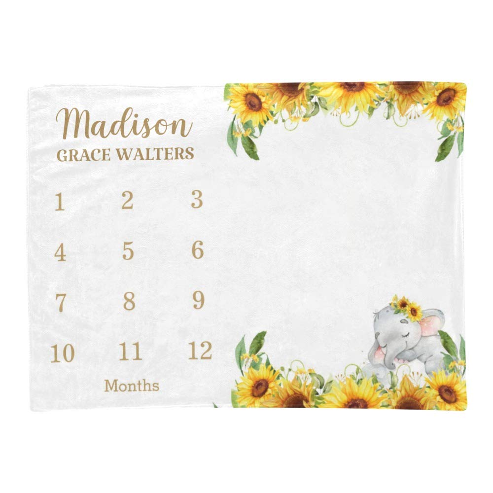 Personalized Baby Blanket with Elephant & Sunflower Design - Custom Name Swaddle Blanket for Newborns (30x40 Inches) | Perfect for Monthly Milestone Photos, Nursery Decor & Baby Shower Gifts