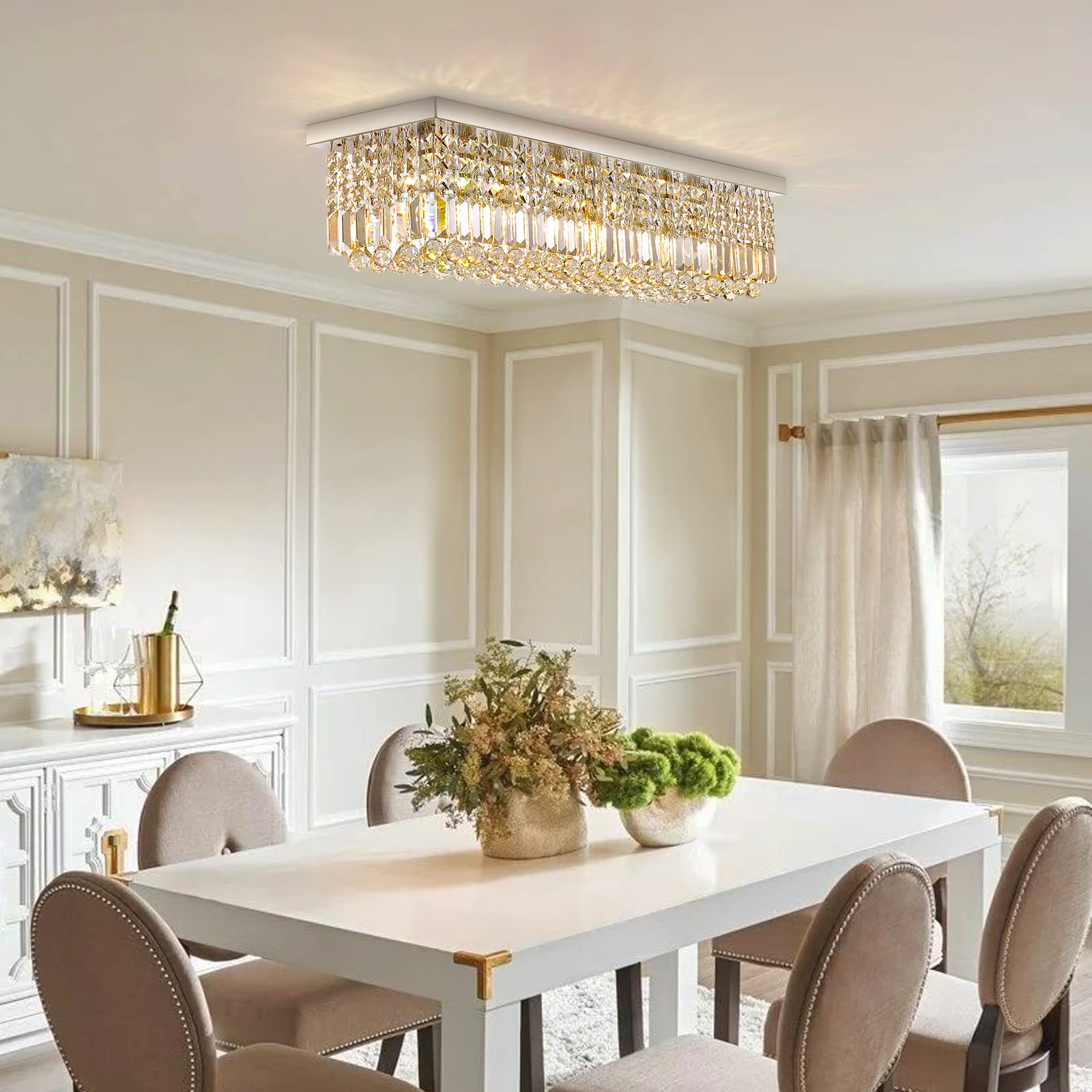 Siljoy Modern 6-Light Rectangular Crystal Chandelier - K9 Crystal Raindrop Flush Mount Ceiling Light Fixture (31.5