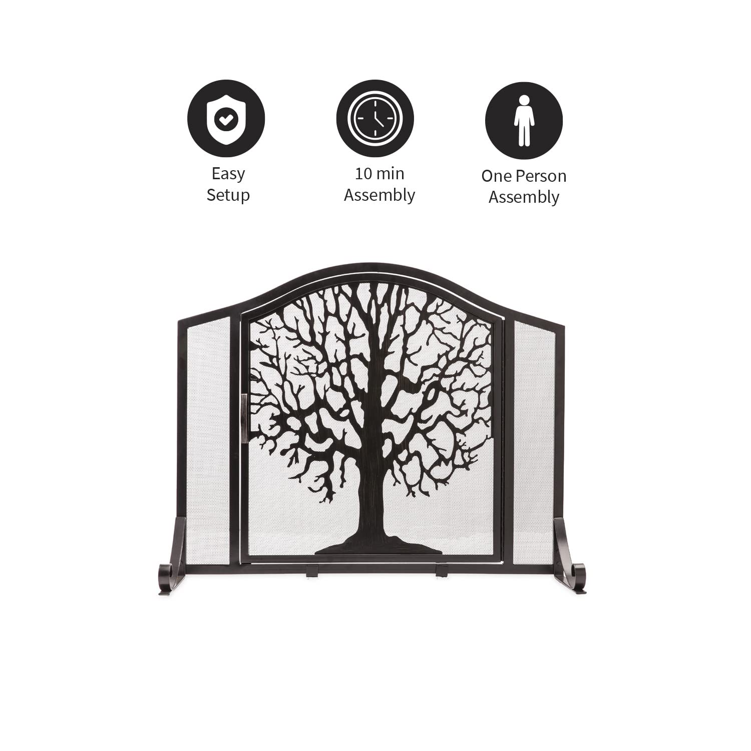 Plow & Hearth 44-Inch Black Metal Fireplace Screen with Tree of Life Design - 44