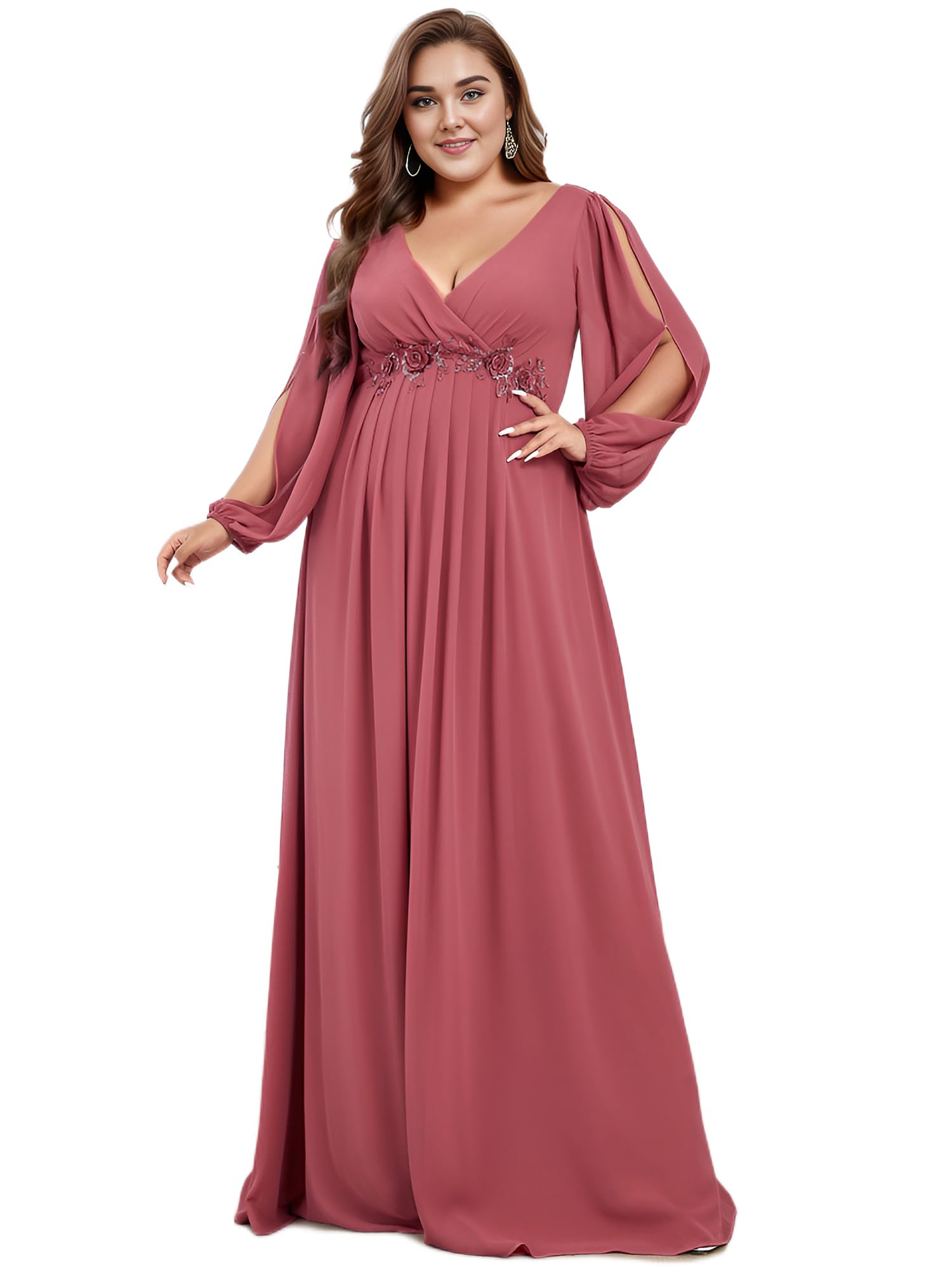 Ever-Pretty Plus Size Women's Floor Length V-Neck Formal Dress with Lantern Sleeves & Floral Applique - Elegant Evening Gowns for Curvy Women - Perfect for Weddings, Proms & Special Occasions