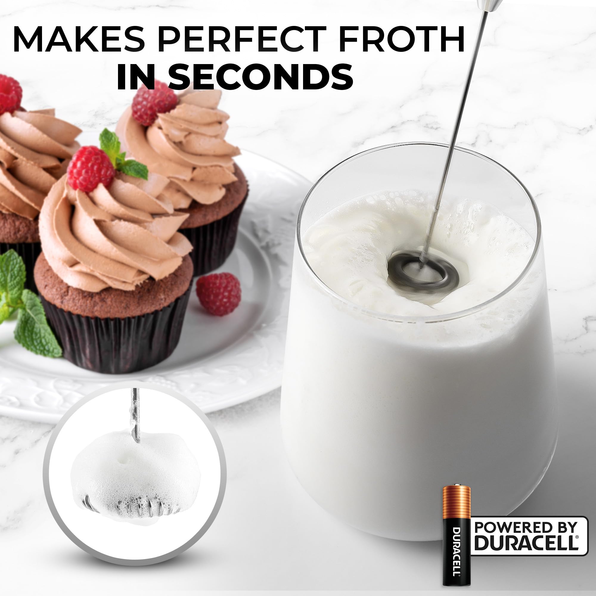 Zulay Powerful Milk Frother with 4 Duracell Batteries - Handheld Electric Milk Frother Wand for Coffee, Cappuccino, Matcha, Hot Chocolate & Creamer - Perfect for Home, Office & Coffee Shops - Create Foamy Drinks, Frappes & Even Cotton Candy