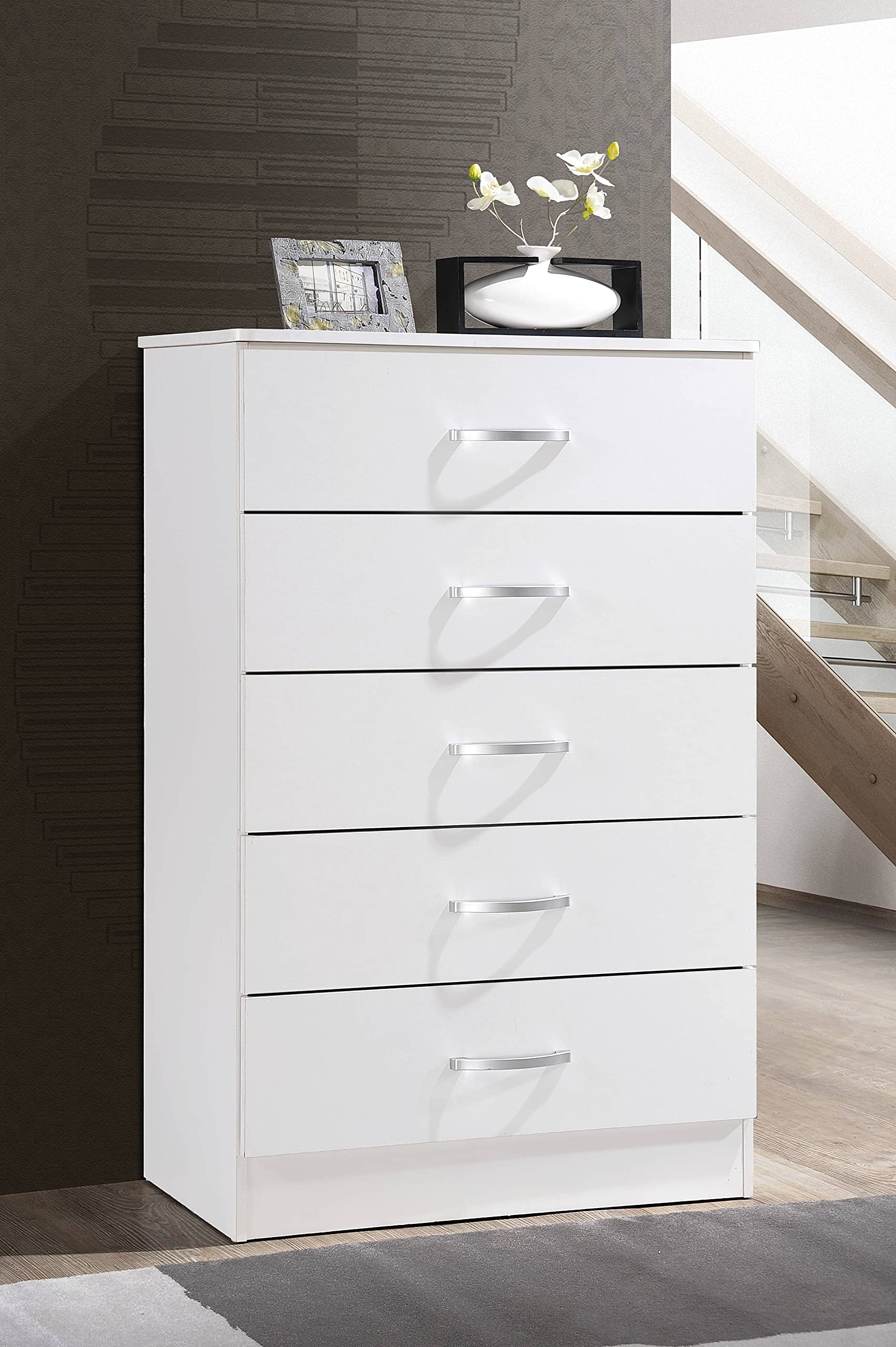 HODEDAH 5-Drawer Wooden Dresser for Bedroom - Sturdy Chest of Drawers with Metal Support Rails - White Storage Furniture for Clothes, Bedding & Home Organization