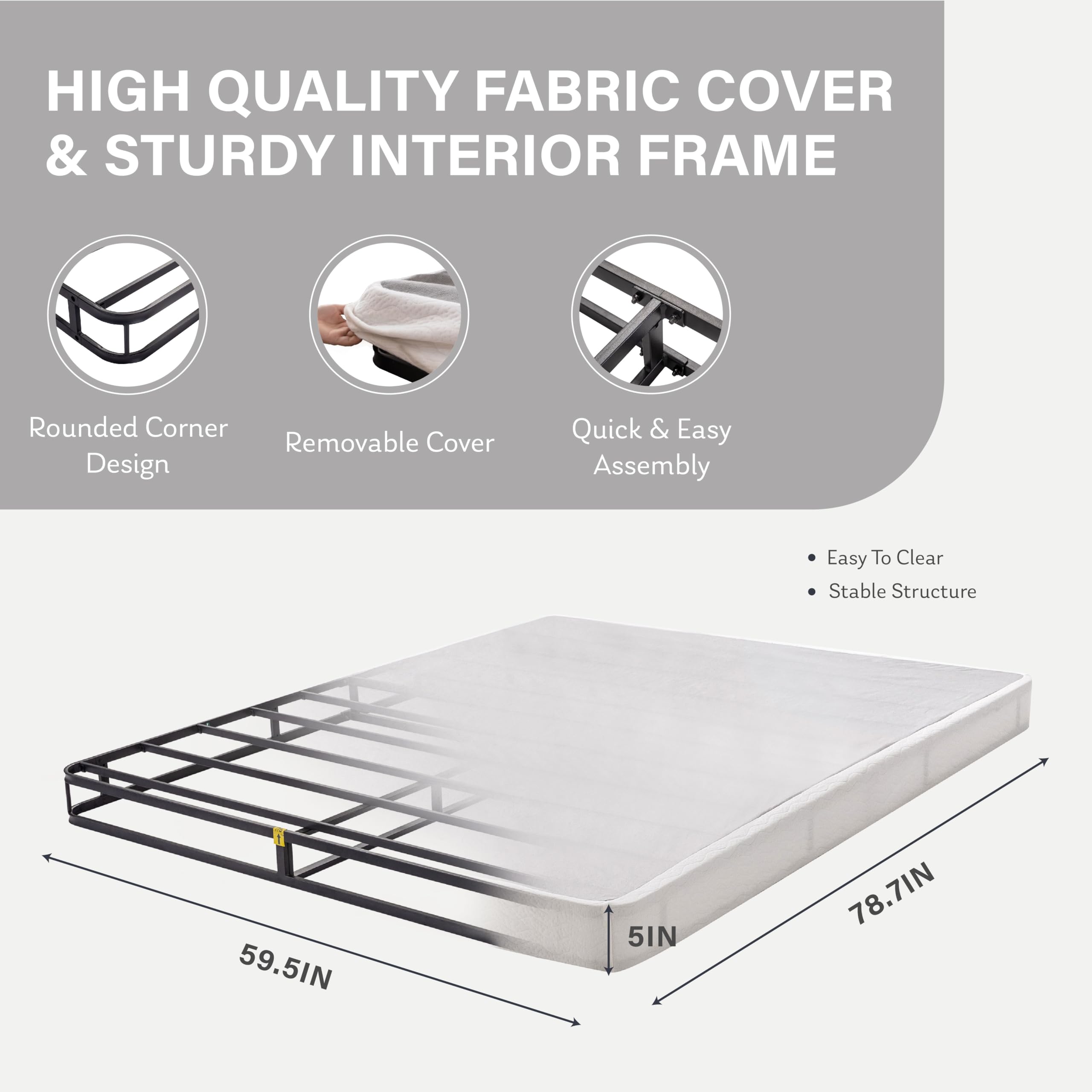 5 Inch Queen Size Easy Assembly Mattress Foundation - Strong Steel Metal Frame & Sturdy Support - Black Box Spring for Bedroom, Guest Room, or Dorm