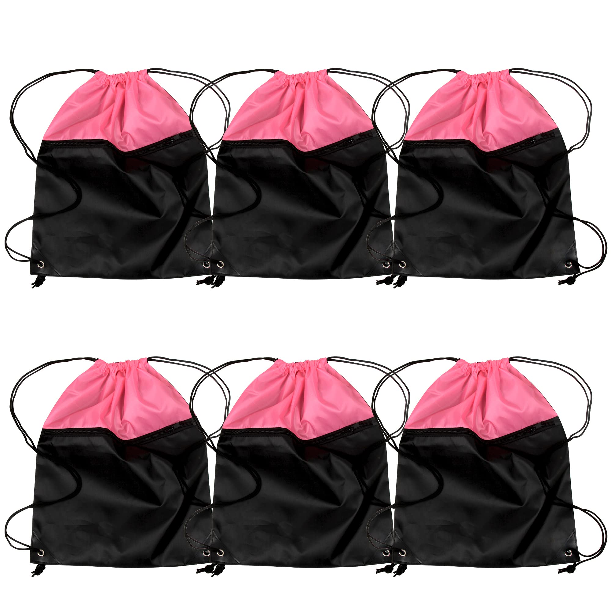 ICObuty 6-Pack Sports Gym Bags - 210D Polyester Drawstring Backpacks for Cheerleading, Fitness & Workout - Men & Women (Black/Hot Pink) - Perfect for Team Sports, School & Travel Accessories