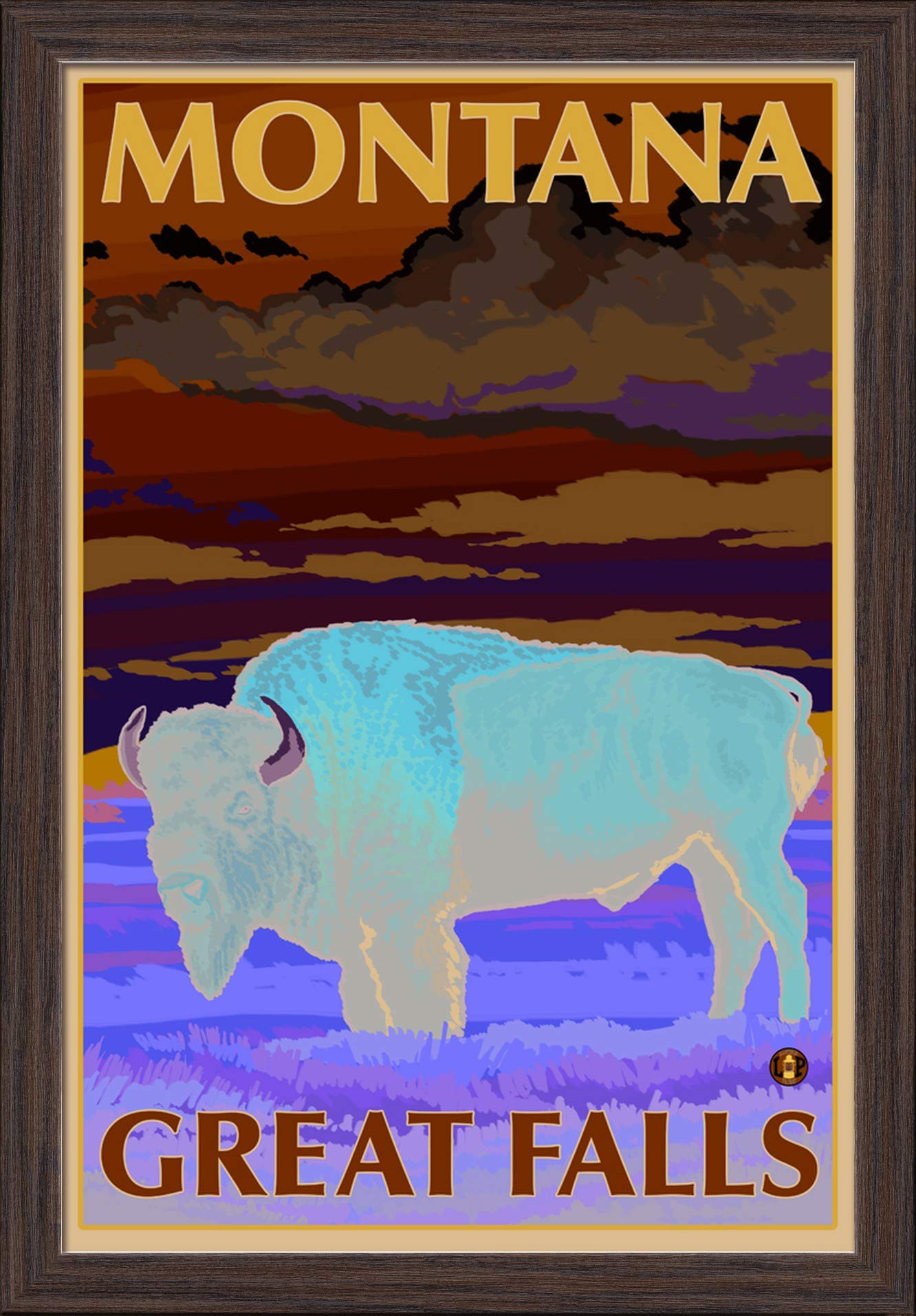 Bison in Field - Great Falls, Montana - 16x24 Giclee Fine Art Print with Recycled Wood Frame in Espresso Brown - Perfect for Western Decor, Ranch Style Homes & Nature-Inspired Wall Art