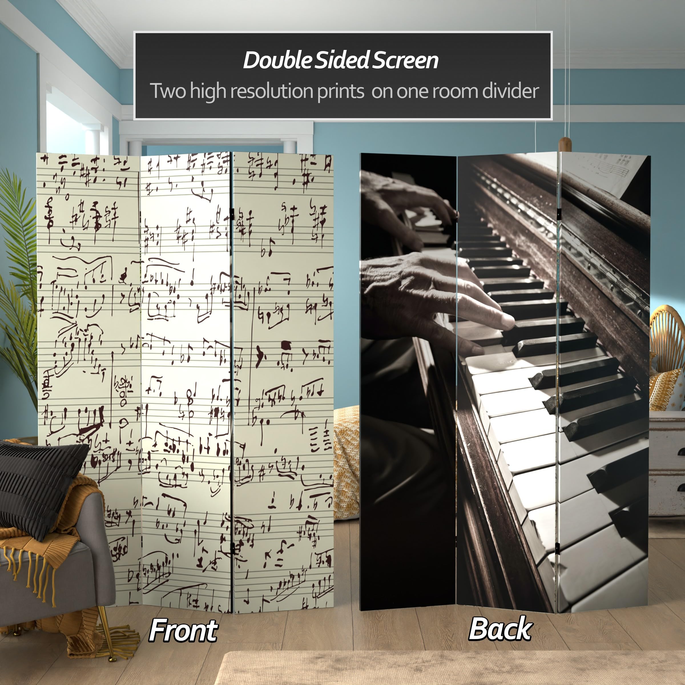 6 ft. Tall Double Sided Music Canvas Room Divider - 71 Inch High 3 Panel Folding Screen with Piano Notes Design | Perfect for Home Decor, Office Partition, Wedding Backdrop & Event Decoration